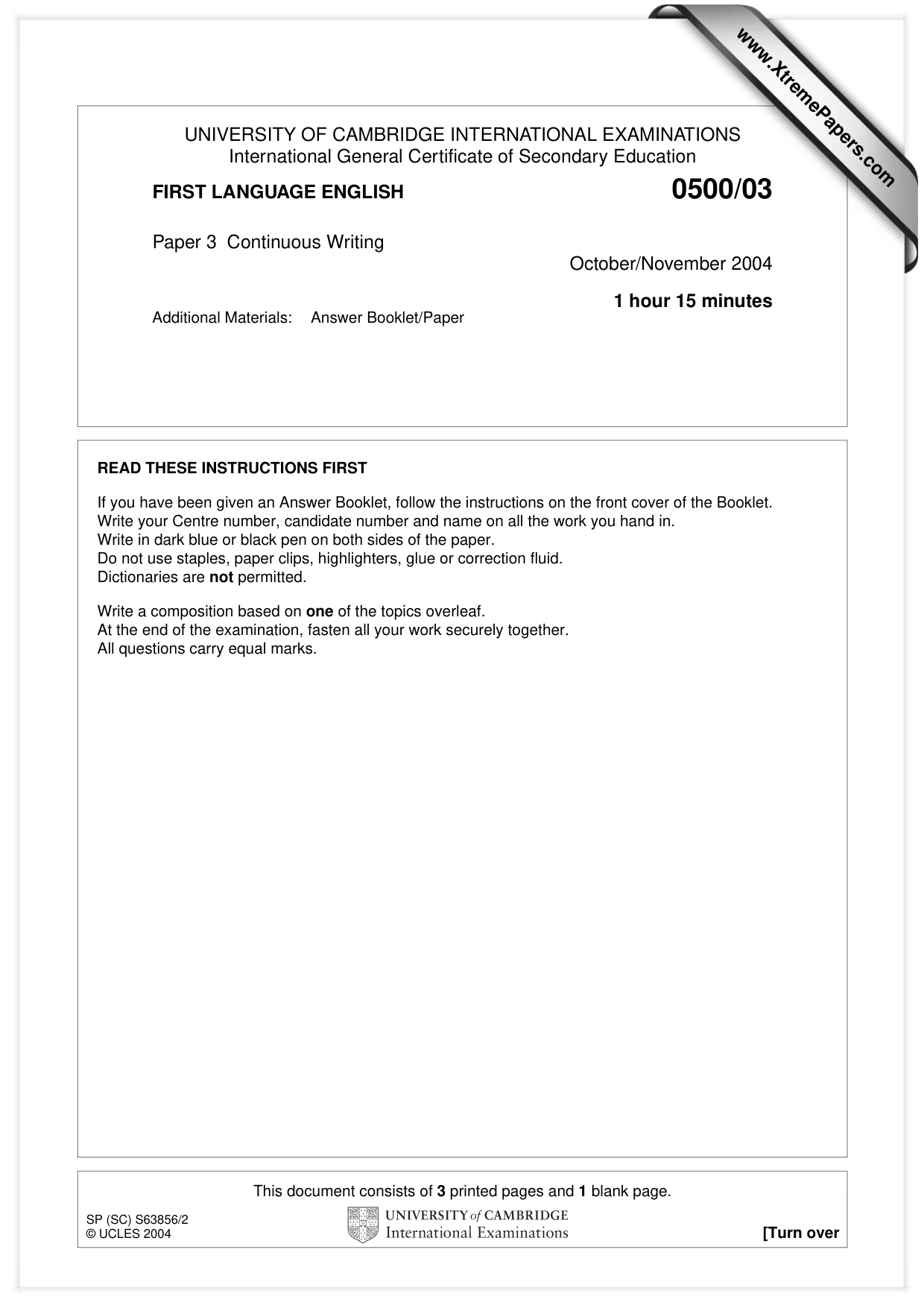 Cambridge IGCSE English - First Language 0500 2004 Oct/Nov Paper 3 · Variant 1 question paper, page 1 of 4