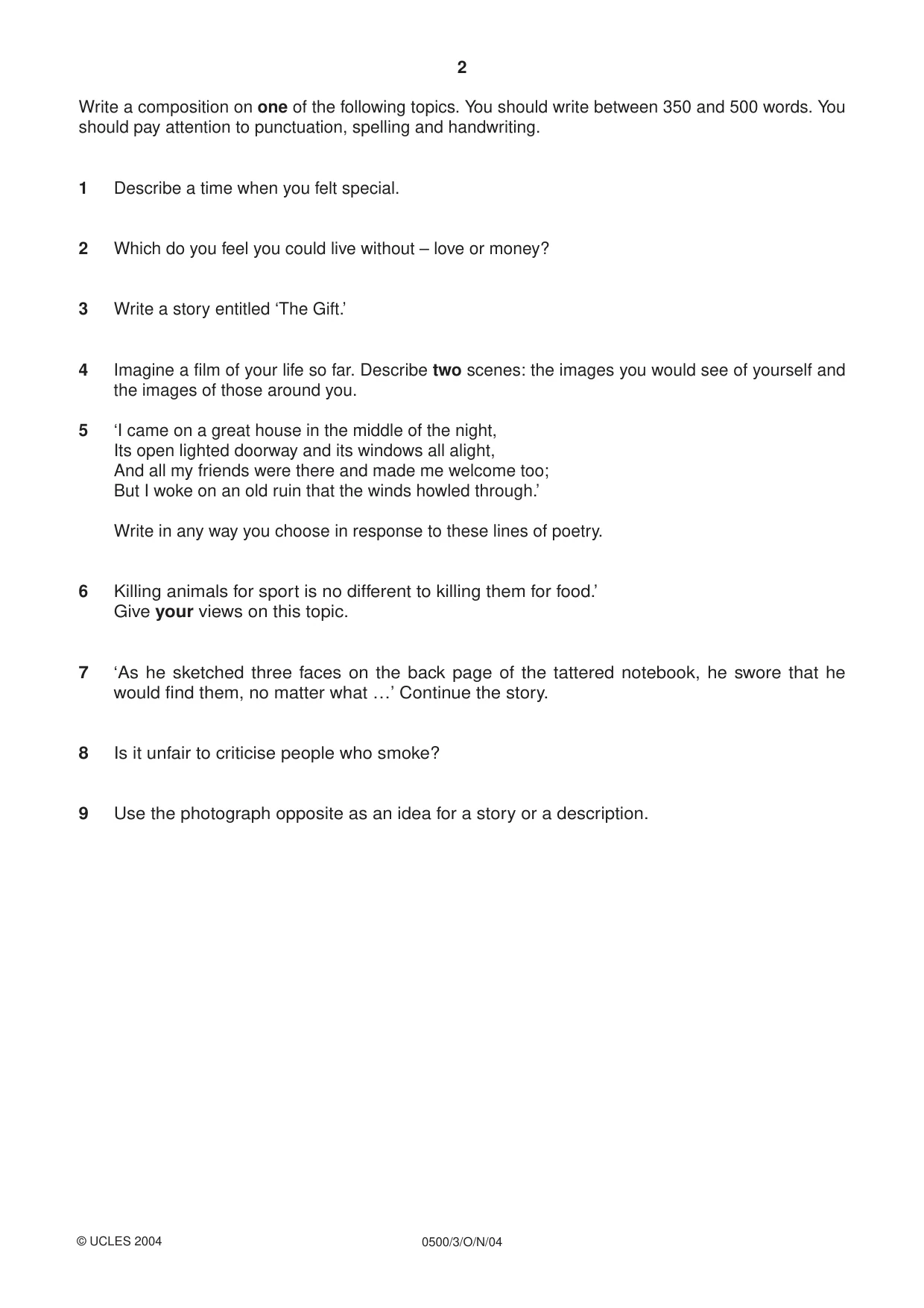 Cambridge IGCSE English - First Language 0500 2004 Oct/Nov Paper 3 · Variant 1 question paper, page 2 of 4
