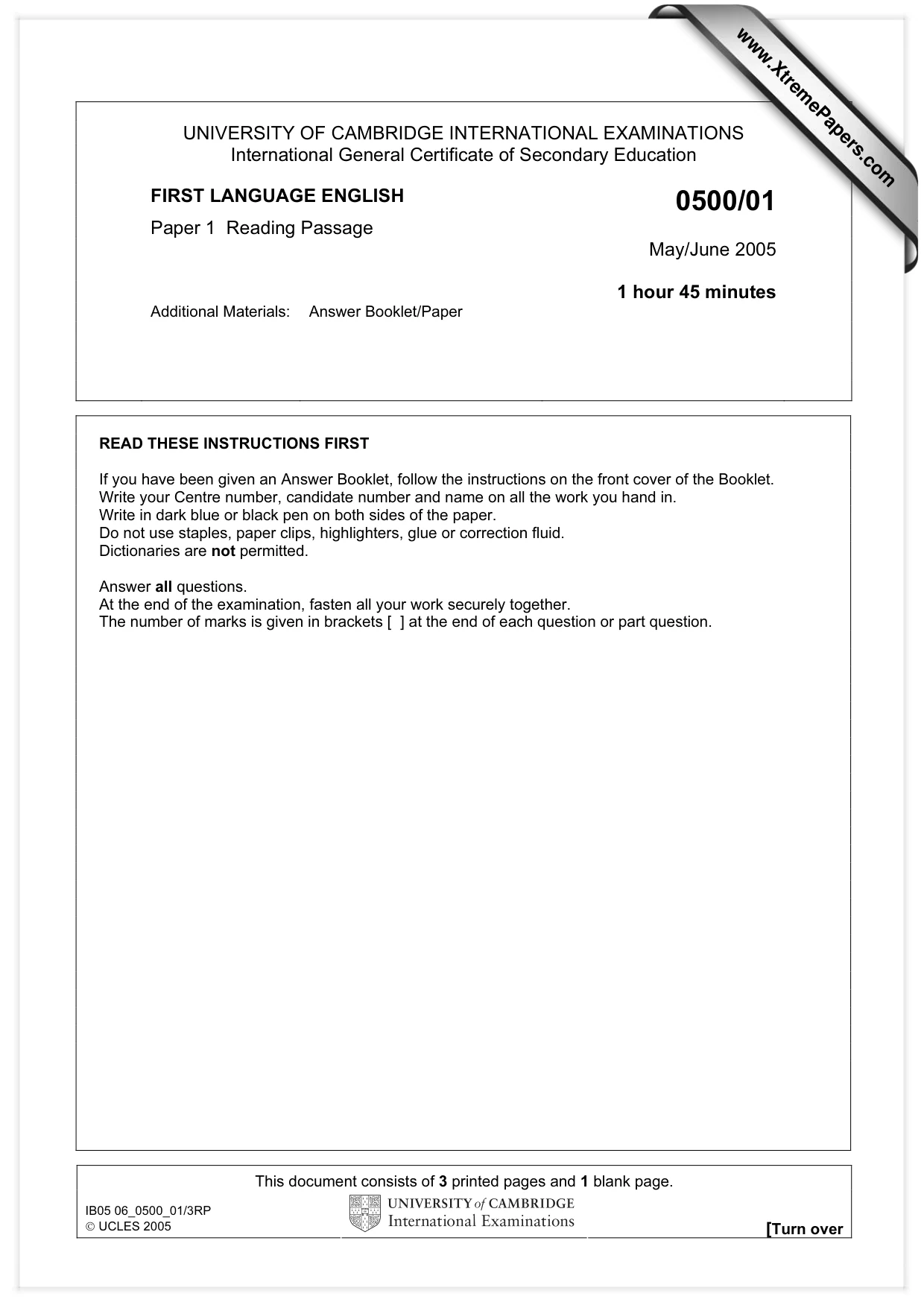 Cambridge IGCSE English - First Language 0500 2005 May/June Paper 1 · Variant 1 question paper, page 1 of 4