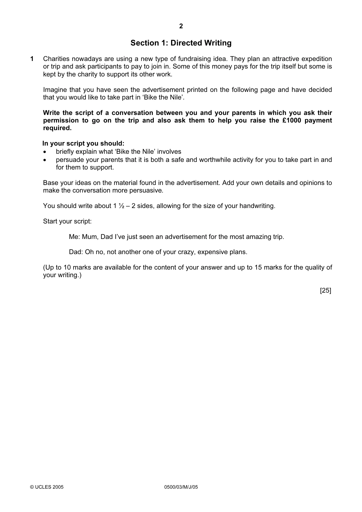 Cambridge IGCSE English - First Language 0500 2005 May/June Paper 3 · Variant 1 question paper, page 2 of 4