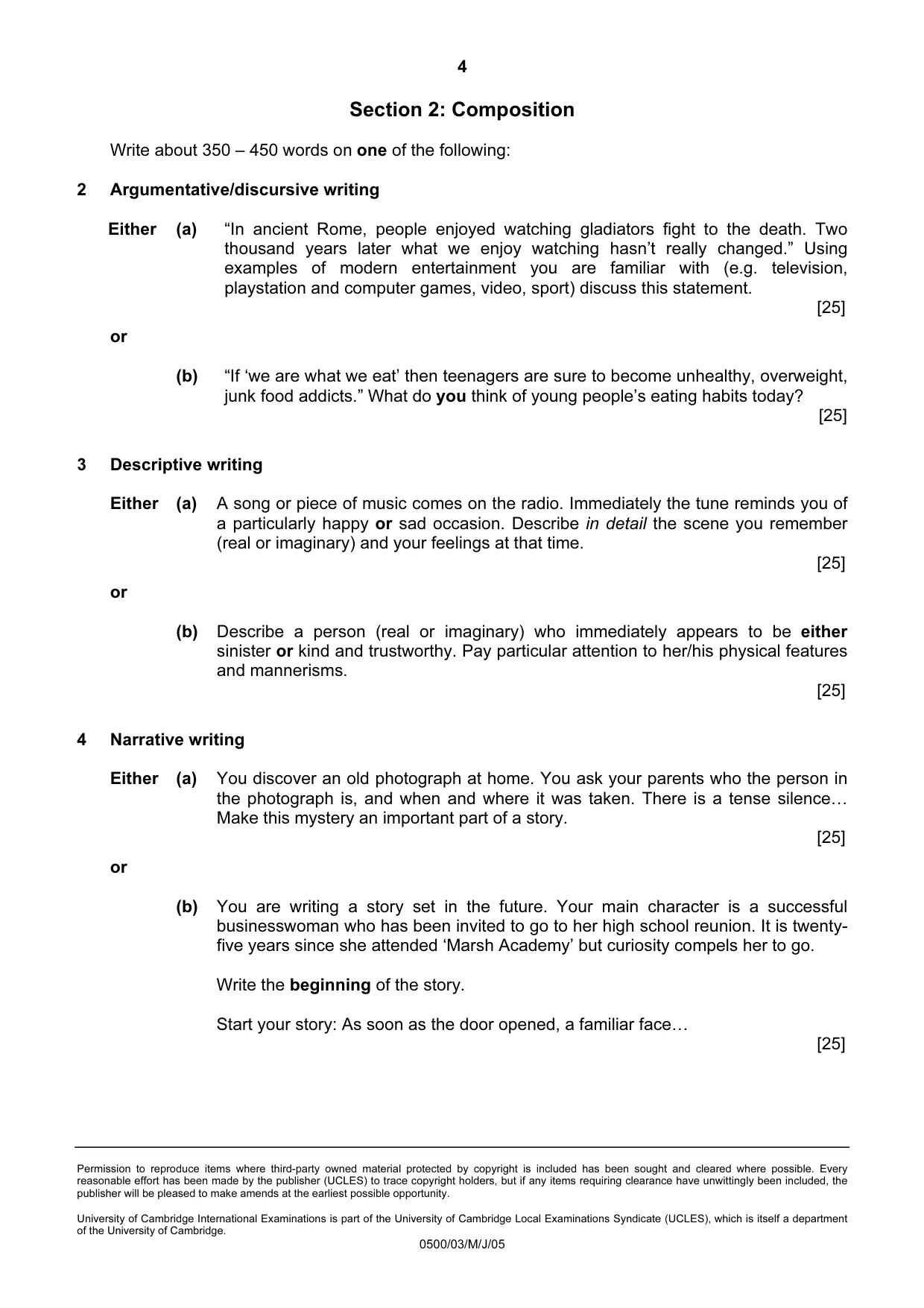 Cambridge IGCSE English - First Language 0500 2005 May/June Paper 3 · Variant 1 question paper, page 4 of 4