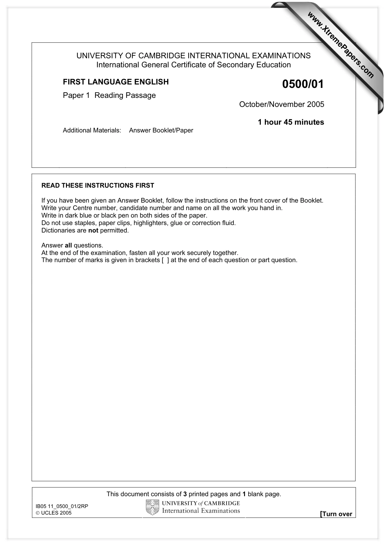 Cambridge IGCSE English - First Language 0500 2005 Oct/Nov Paper 1 · Variant 1 question paper, page 1 of 4