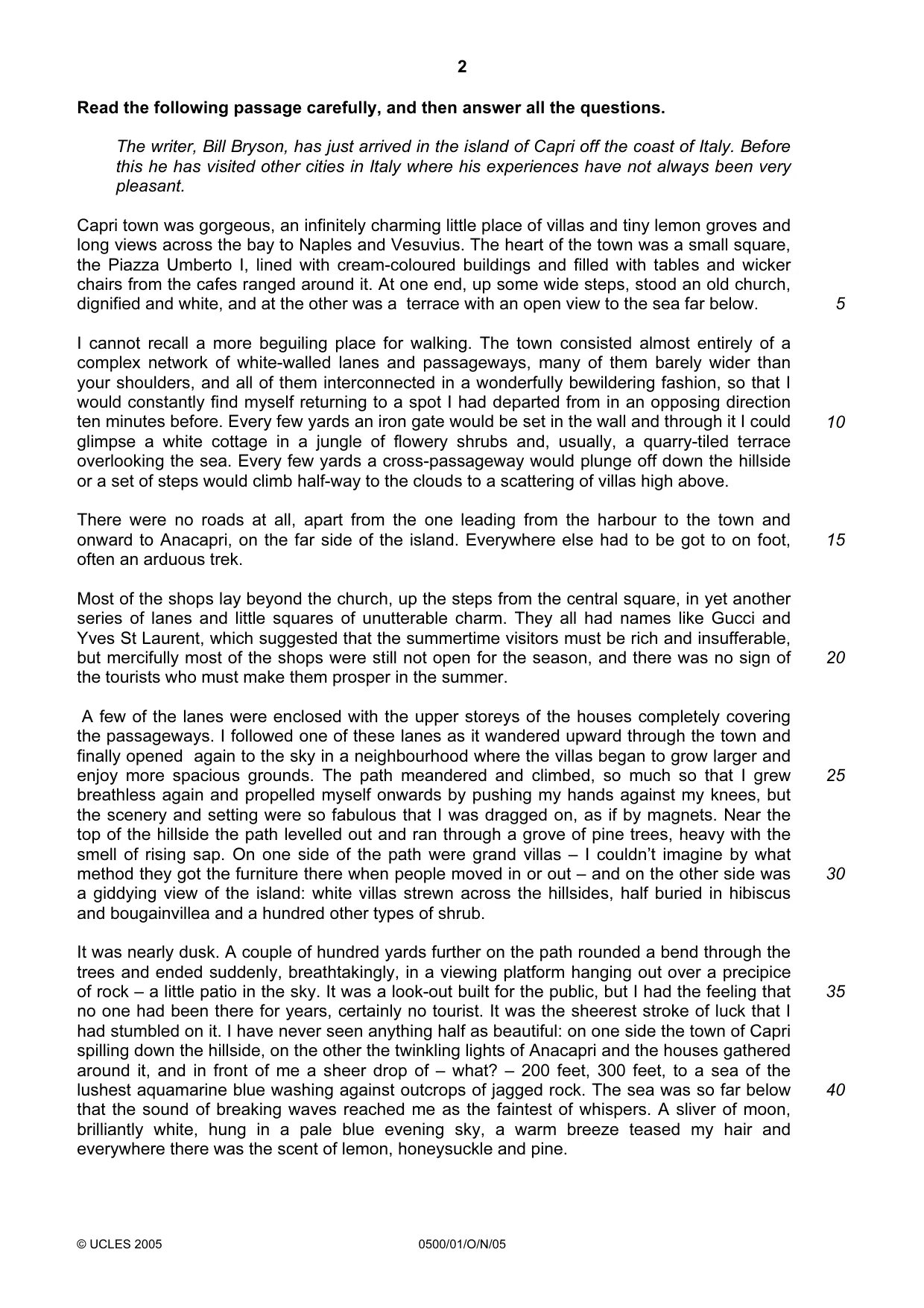 Cambridge IGCSE English - First Language 0500 2005 Oct/Nov Paper 1 · Variant 1 question paper, page 2 of 4