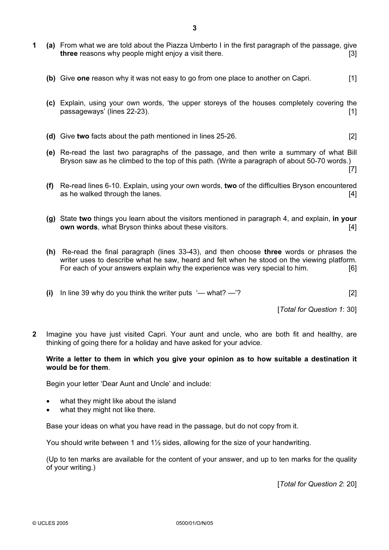 Cambridge IGCSE English - First Language 0500 2005 Oct/Nov Paper 1 · Variant 1 question paper, page 3 of 4