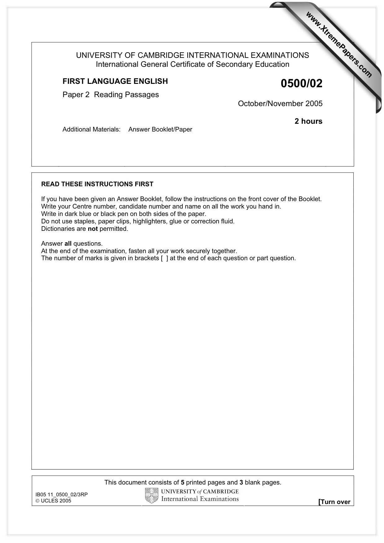 Cambridge IGCSE English - First Language 0500 2005 Oct/Nov Paper 2 · Variant 1 question paper, page 1 of 8