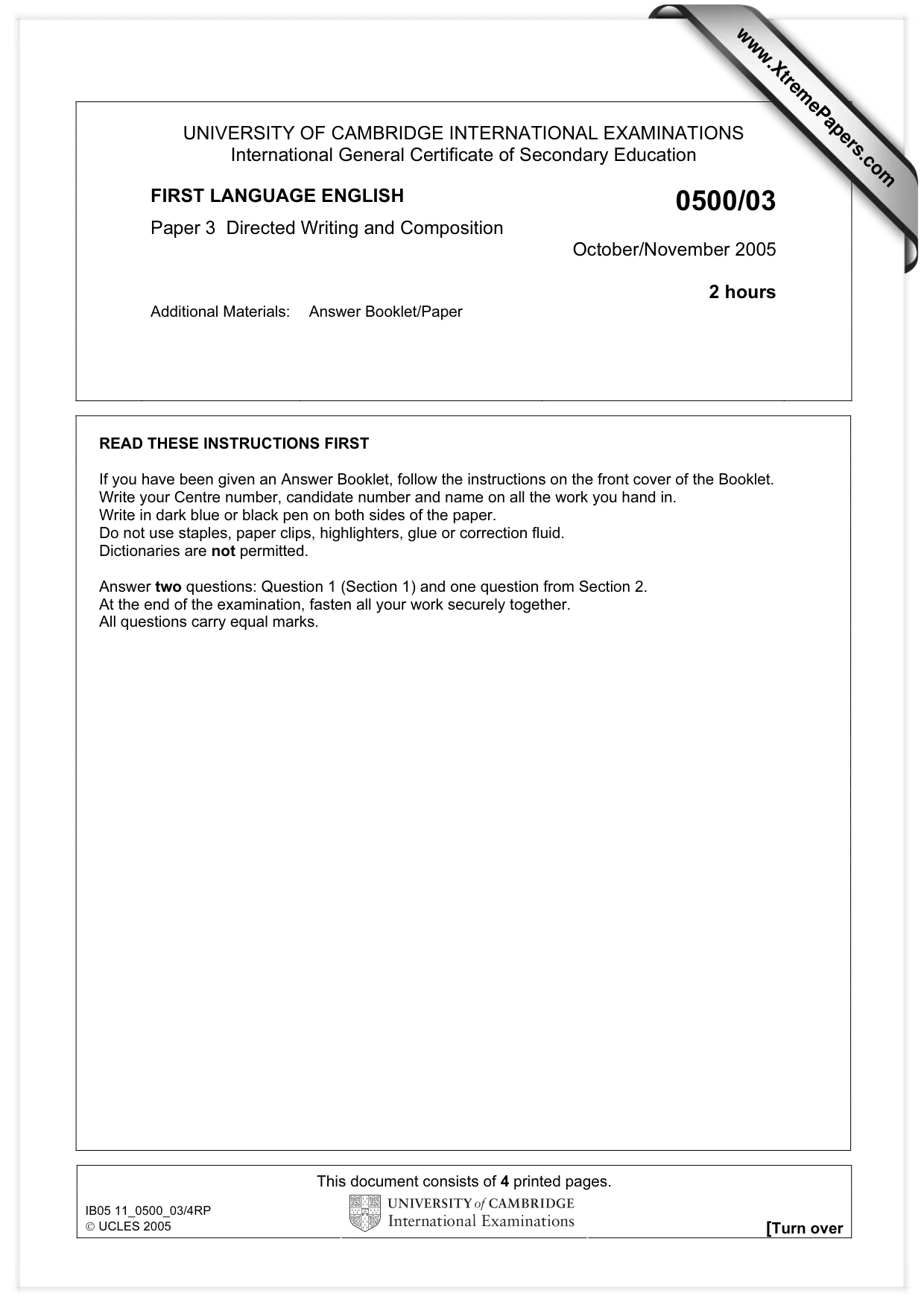 Cambridge IGCSE English - First Language 0500 2005 Oct/Nov Paper 3 · Variant 1 question paper, page 1 of 4