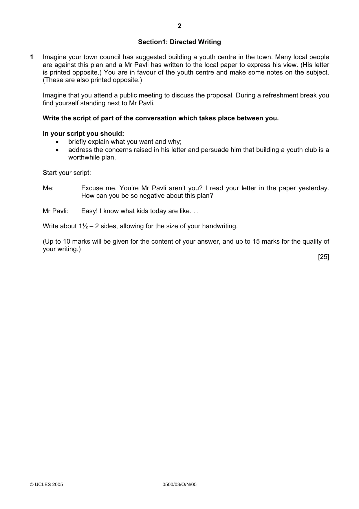 Cambridge IGCSE English - First Language 0500 2005 Oct/Nov Paper 3 · Variant 1 question paper, page 2 of 4