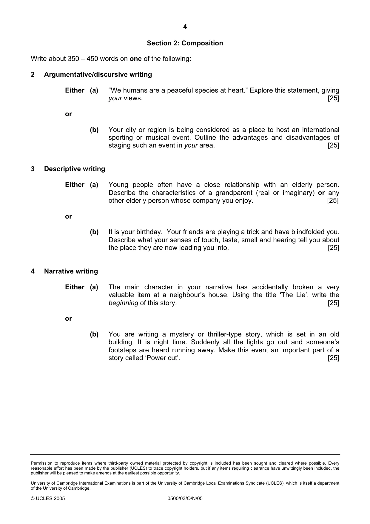 Cambridge IGCSE English - First Language 0500 2005 Oct/Nov Paper 3 · Variant 1 question paper, page 4 of 4