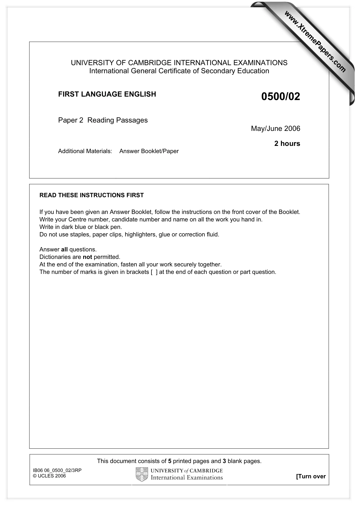Cambridge IGCSE English - First Language 0500 2006 May/June Paper 2 · Variant 1 question paper, page 1 of 8