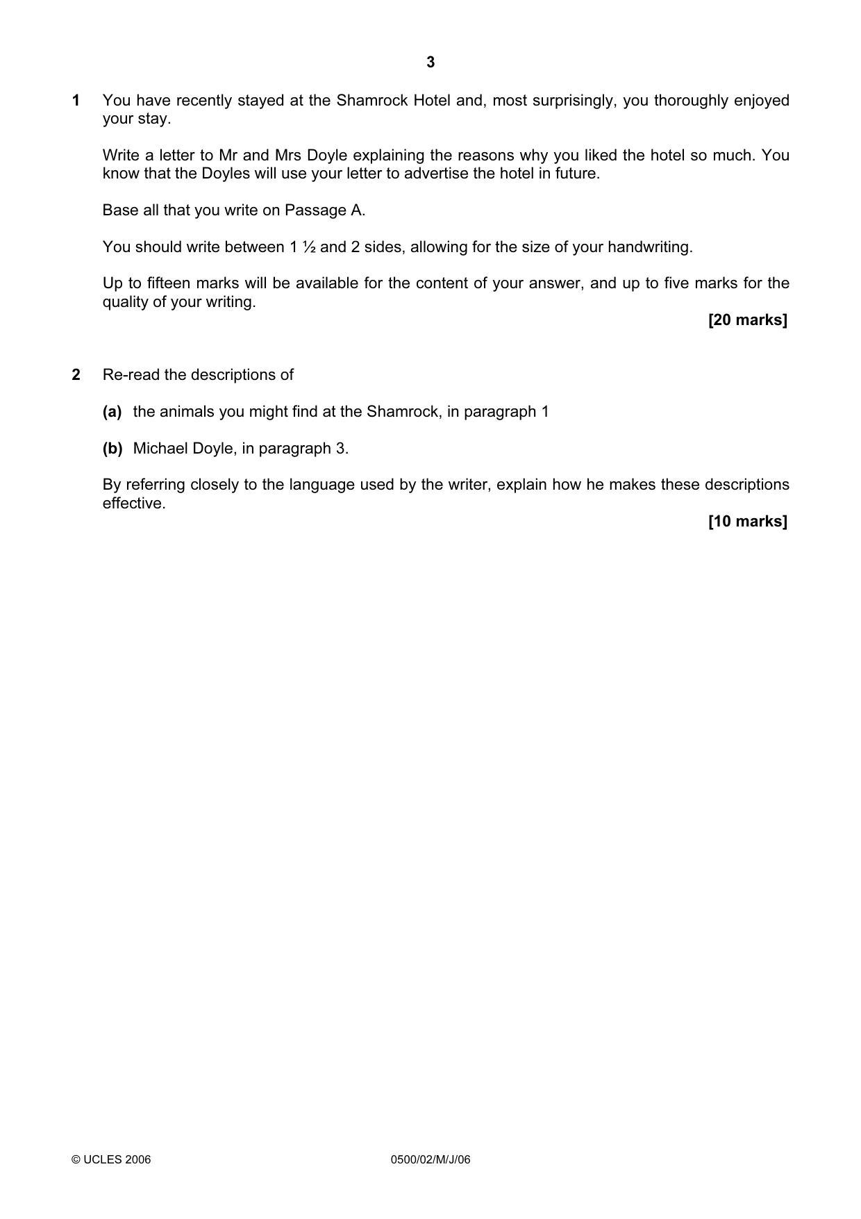 Cambridge IGCSE English - First Language 0500 2006 May/June Paper 2 · Variant 1 question paper, page 3 of 8