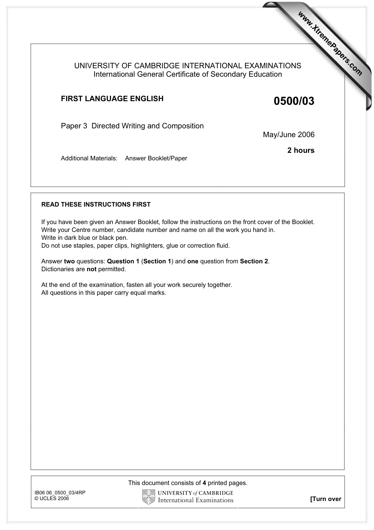 Cambridge IGCSE English - First Language 0500 2006 May/June Paper 3 · Variant 1 question paper, page 1 of 4