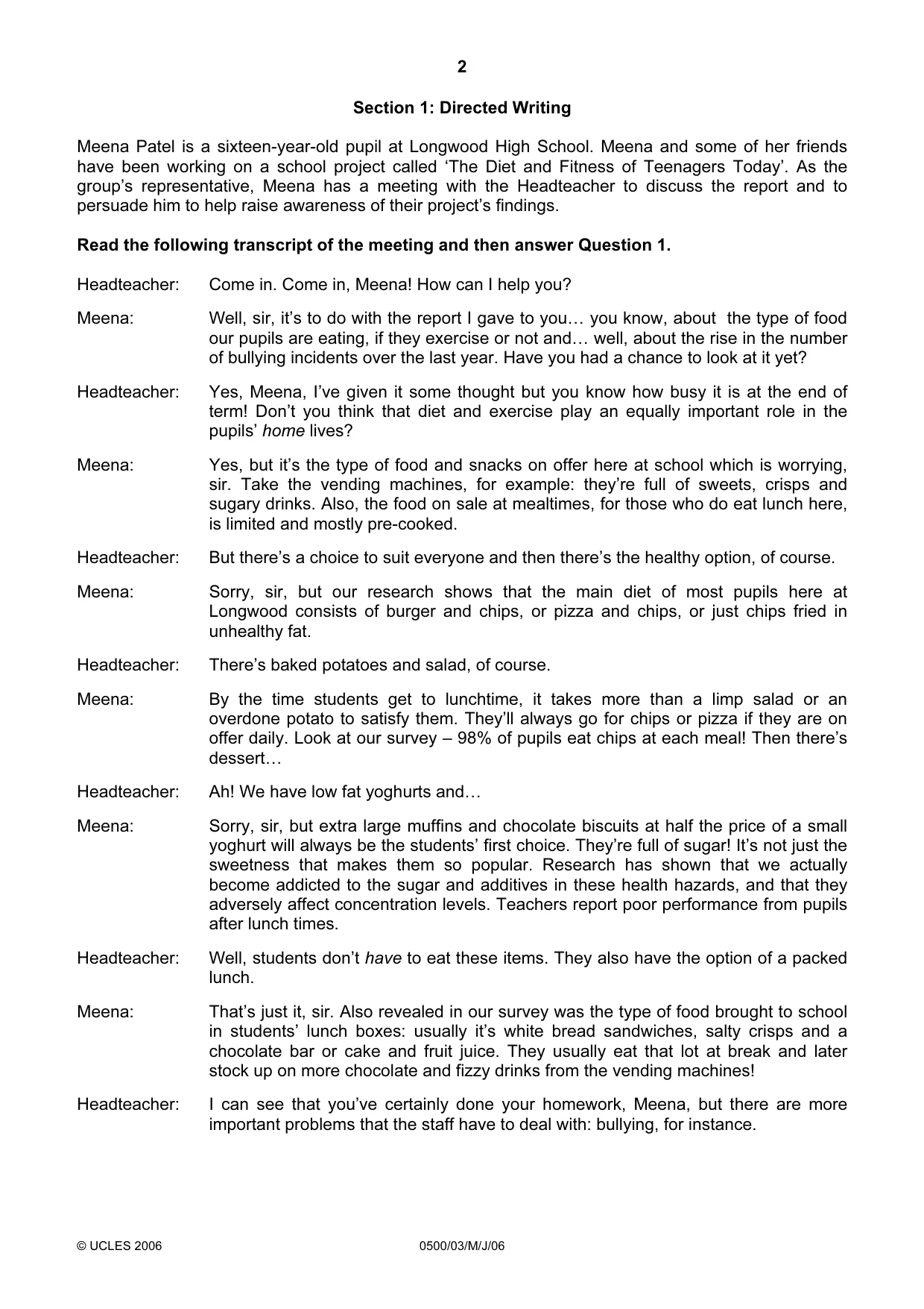 Cambridge IGCSE English - First Language 0500 2006 May/June Paper 3 · Variant 1 question paper, page 2 of 4