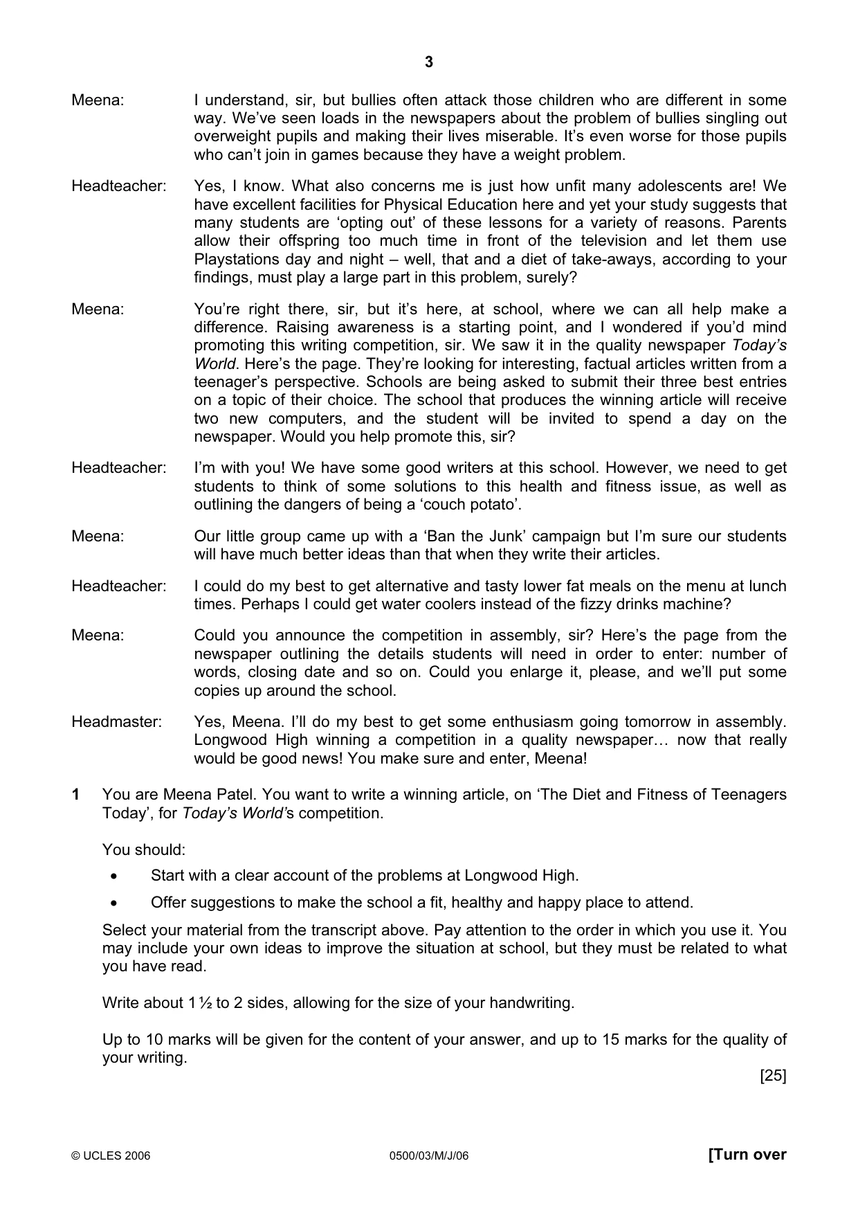 Cambridge IGCSE English - First Language 0500 2006 May/June Paper 3 · Variant 1 question paper, page 3 of 4