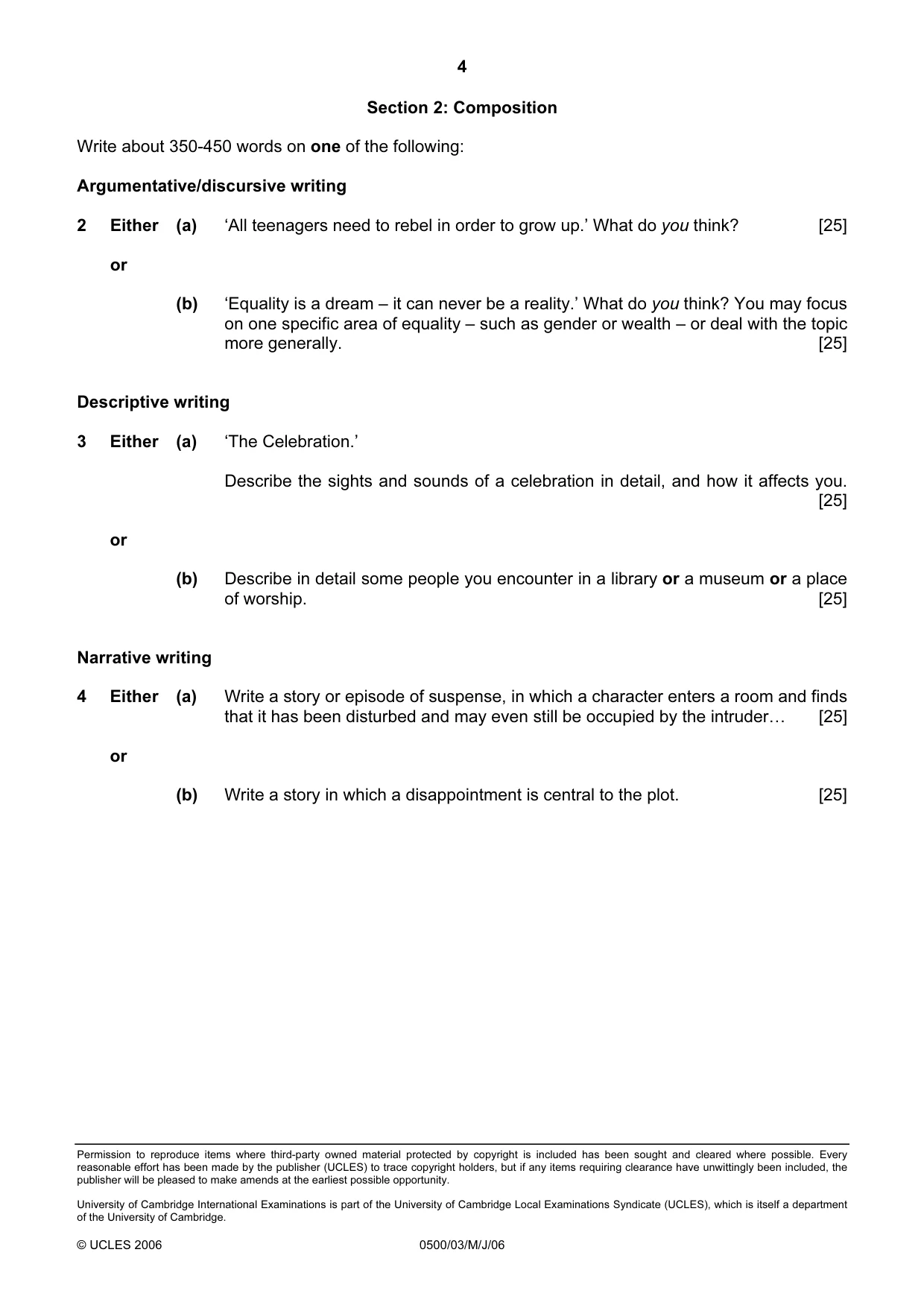 Cambridge IGCSE English - First Language 0500 2006 May/June Paper 3 · Variant 1 question paper, page 4 of 4