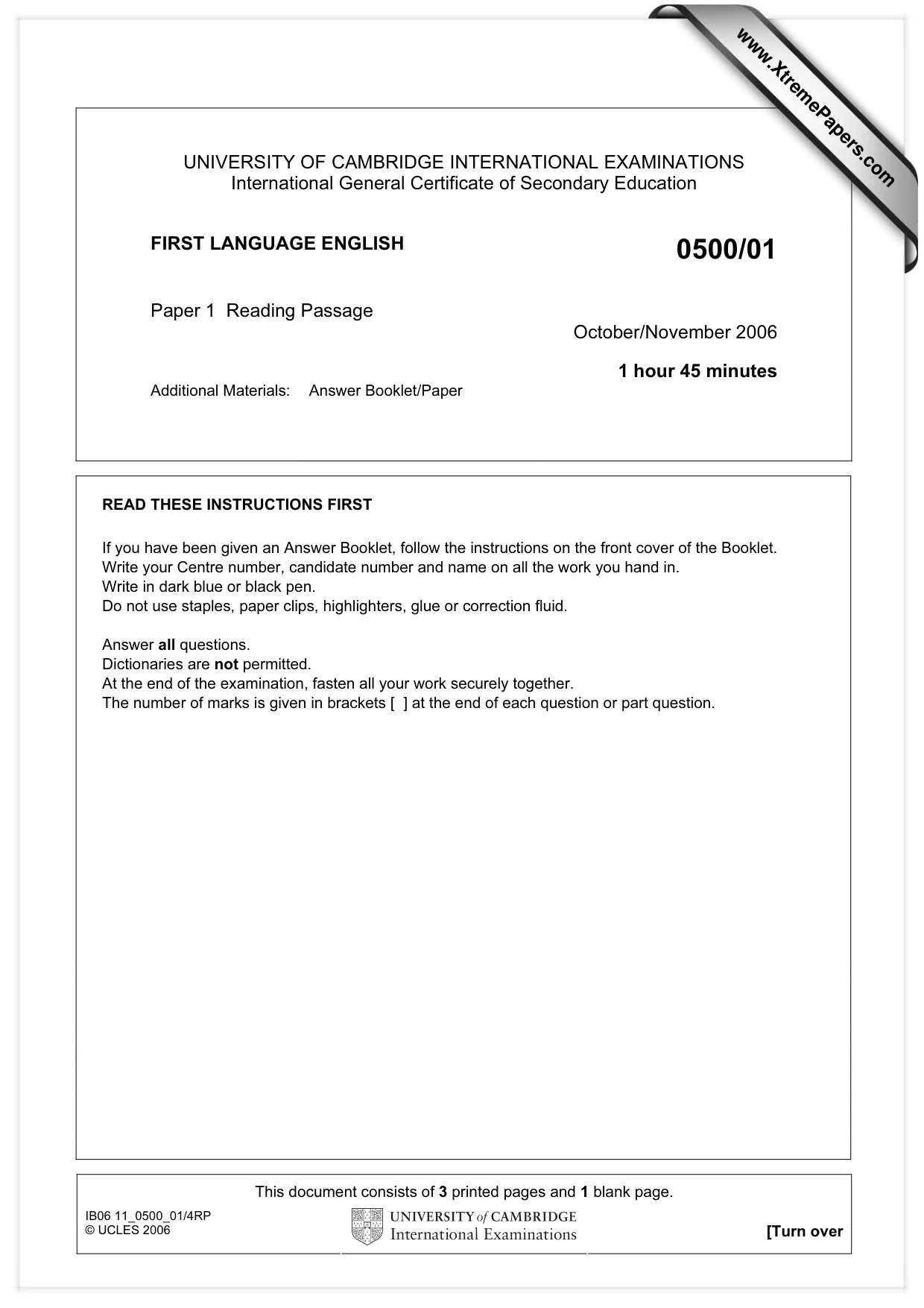 Cambridge IGCSE English - First Language 0500 2006 Oct/Nov Paper 1 · Variant 1 question paper, page 1 of 4