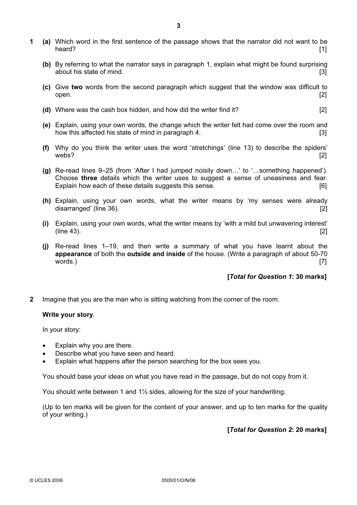 Cambridge IGCSE English - First Language 0500 2006 Oct/Nov Paper 1 · Variant 1 question paper, page 3 of 4