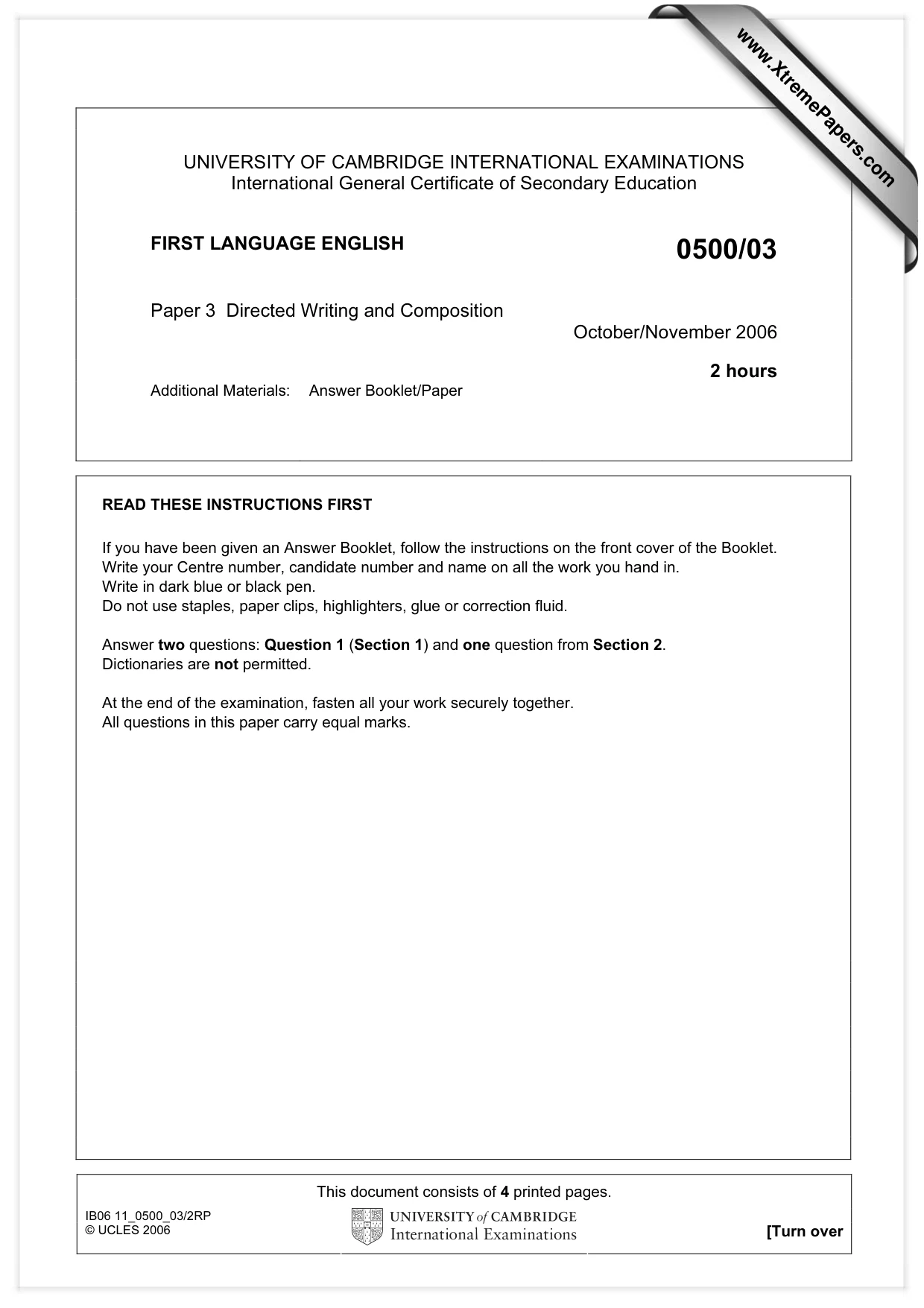 Cambridge IGCSE English - First Language 0500 2006 Oct/Nov Paper 3 · Variant 1 question paper, page 1 of 4