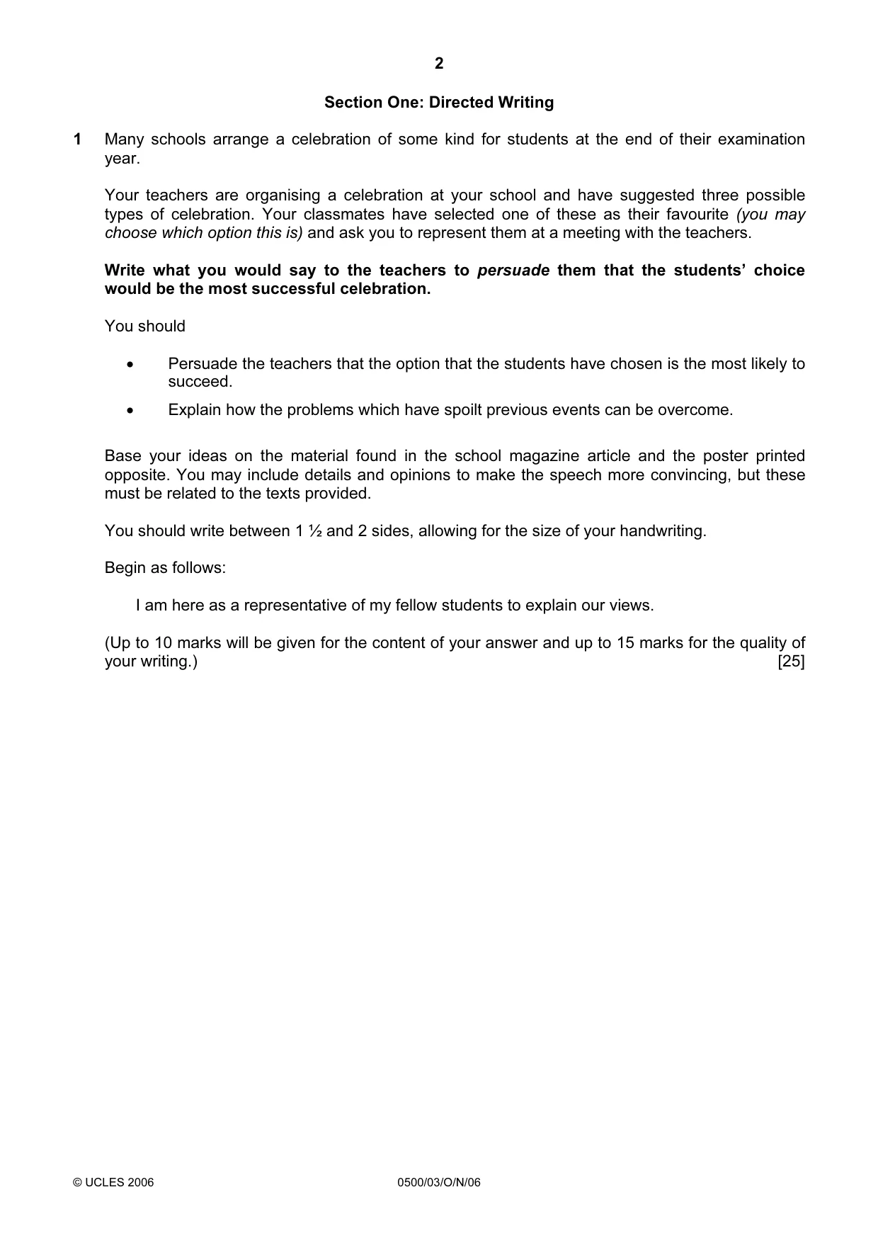 Cambridge IGCSE English - First Language 0500 2006 Oct/Nov Paper 3 · Variant 1 question paper, page 2 of 4