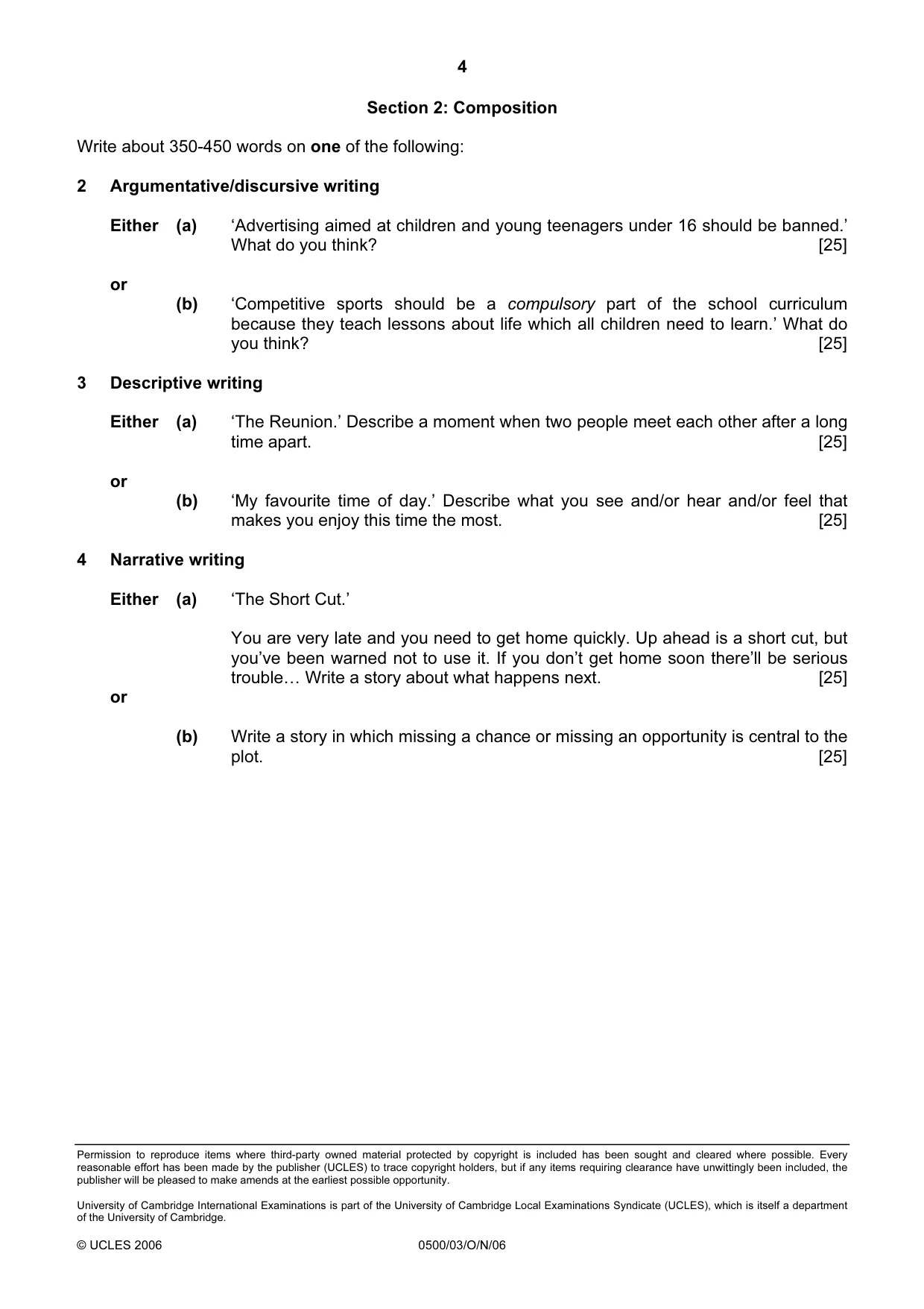Cambridge IGCSE English - First Language 0500 2006 Oct/Nov Paper 3 · Variant 1 question paper, page 4 of 4