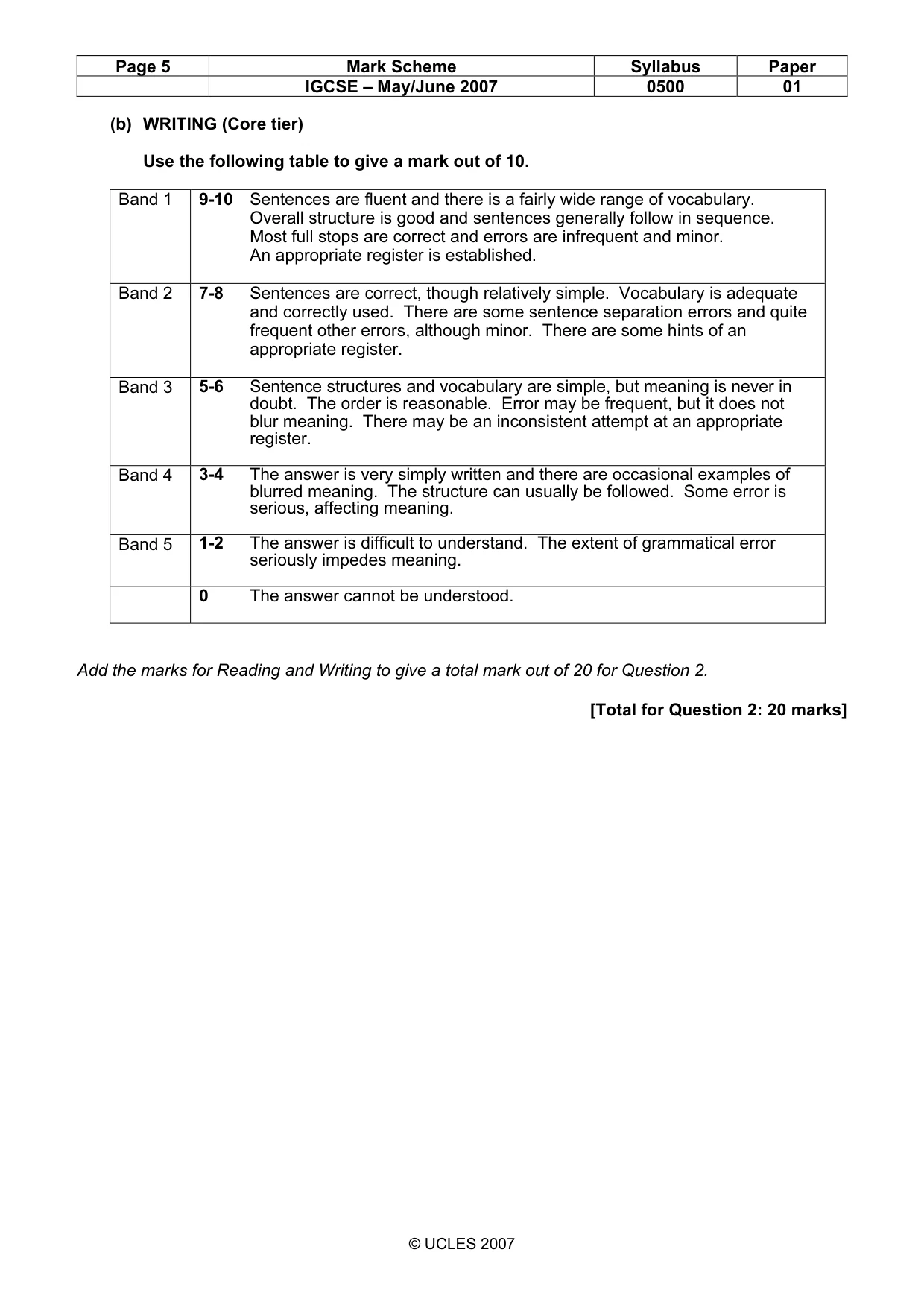 Mark scheme, page 5 of 5