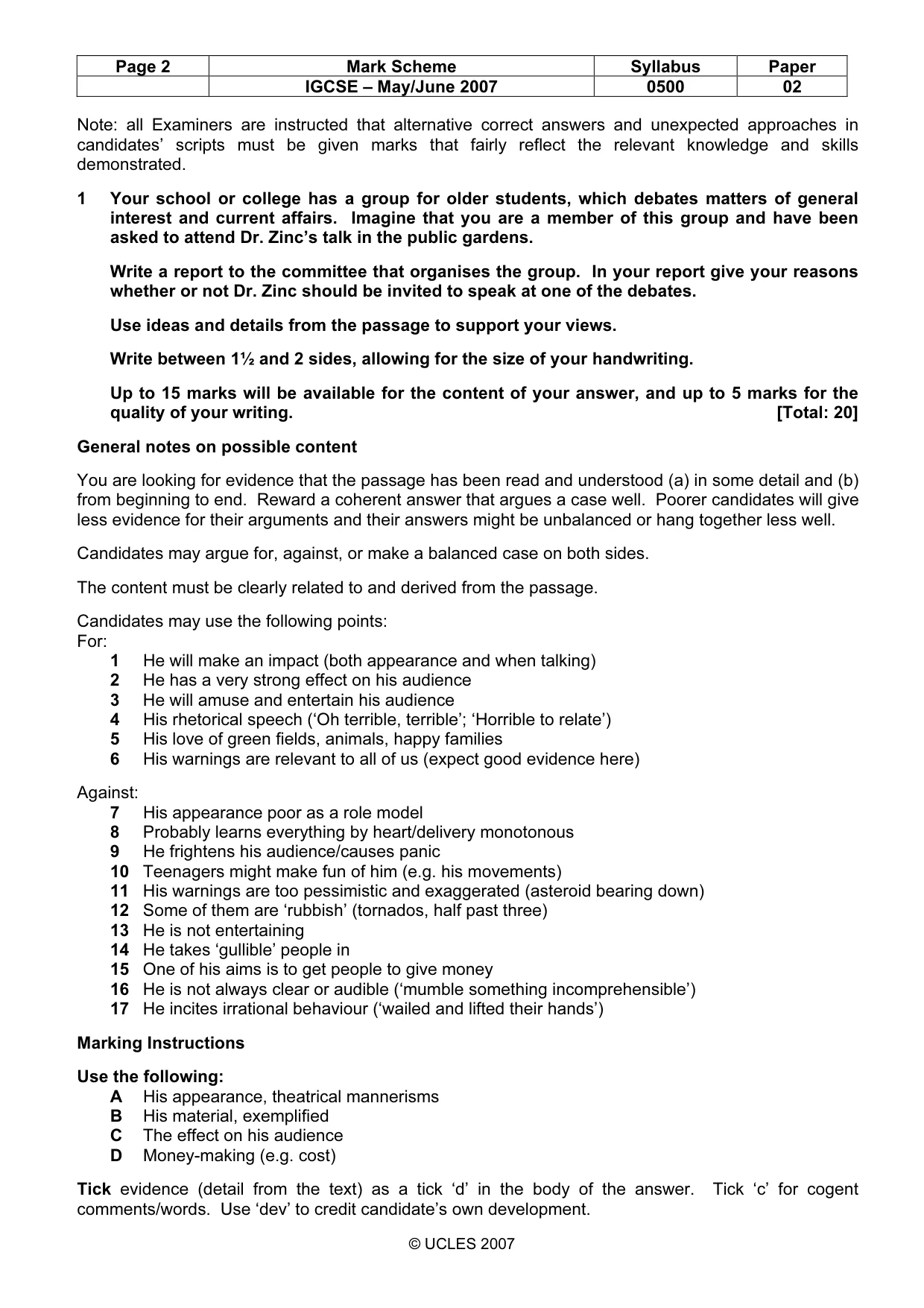 Mark scheme, page 2 of 6