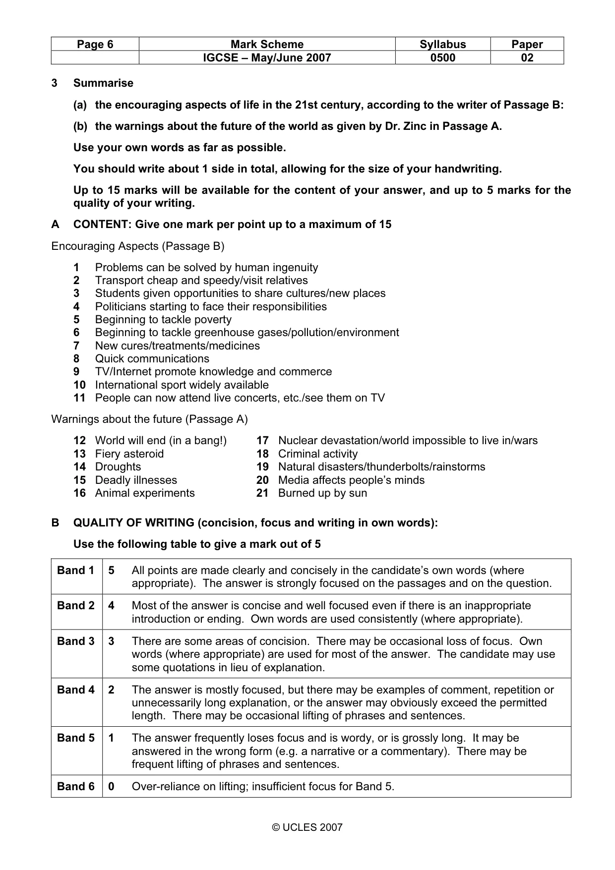 Mark scheme, page 6 of 6