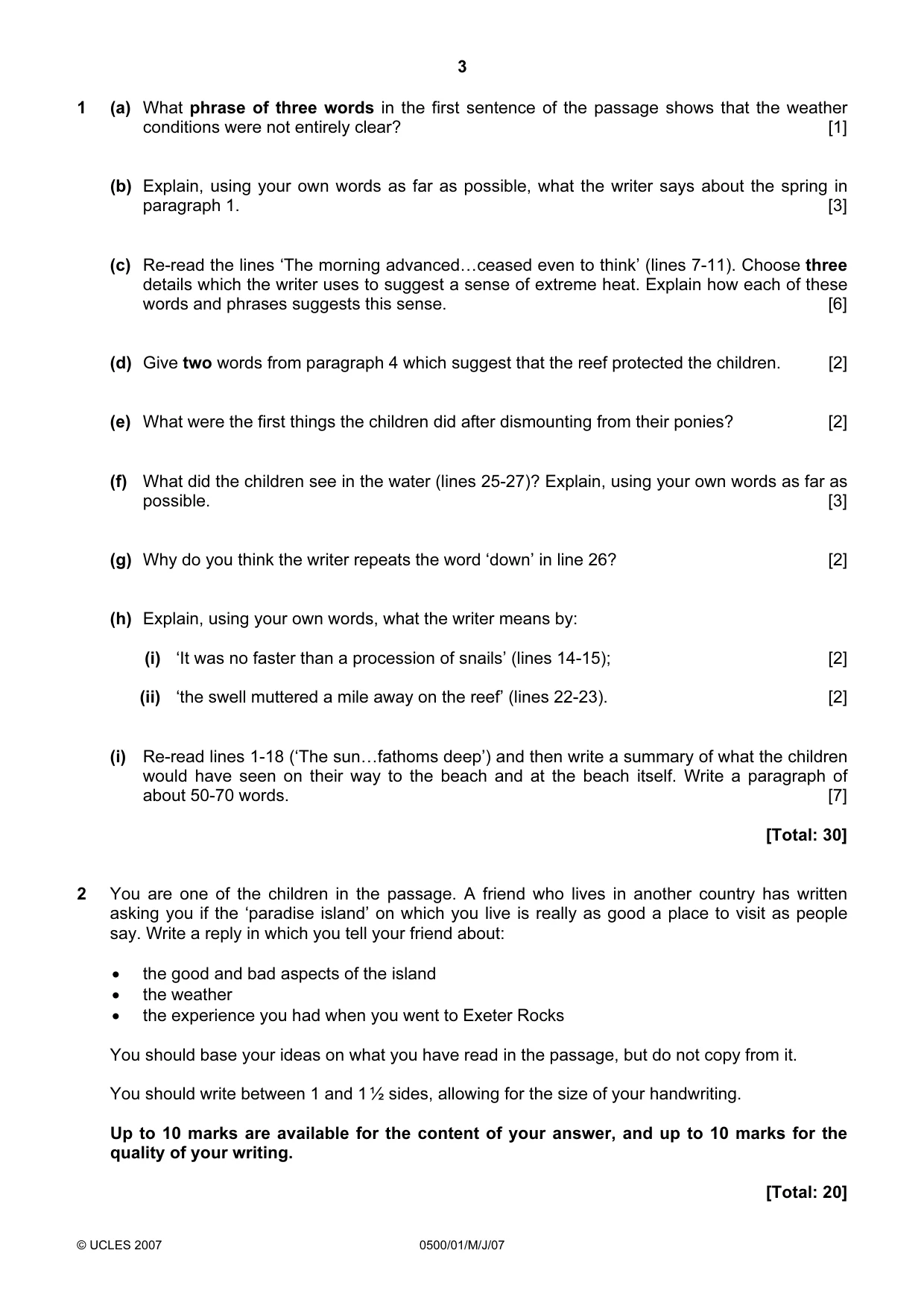 Cambridge IGCSE English - First Language 0500 2007 May/June Paper 1 · Variant 1 question paper, page 3 of 4