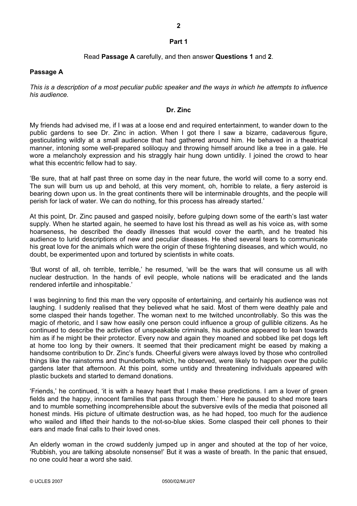 Cambridge IGCSE English - First Language 0500 2007 May/June Paper 2 · Variant 1 question paper, page 2 of 8