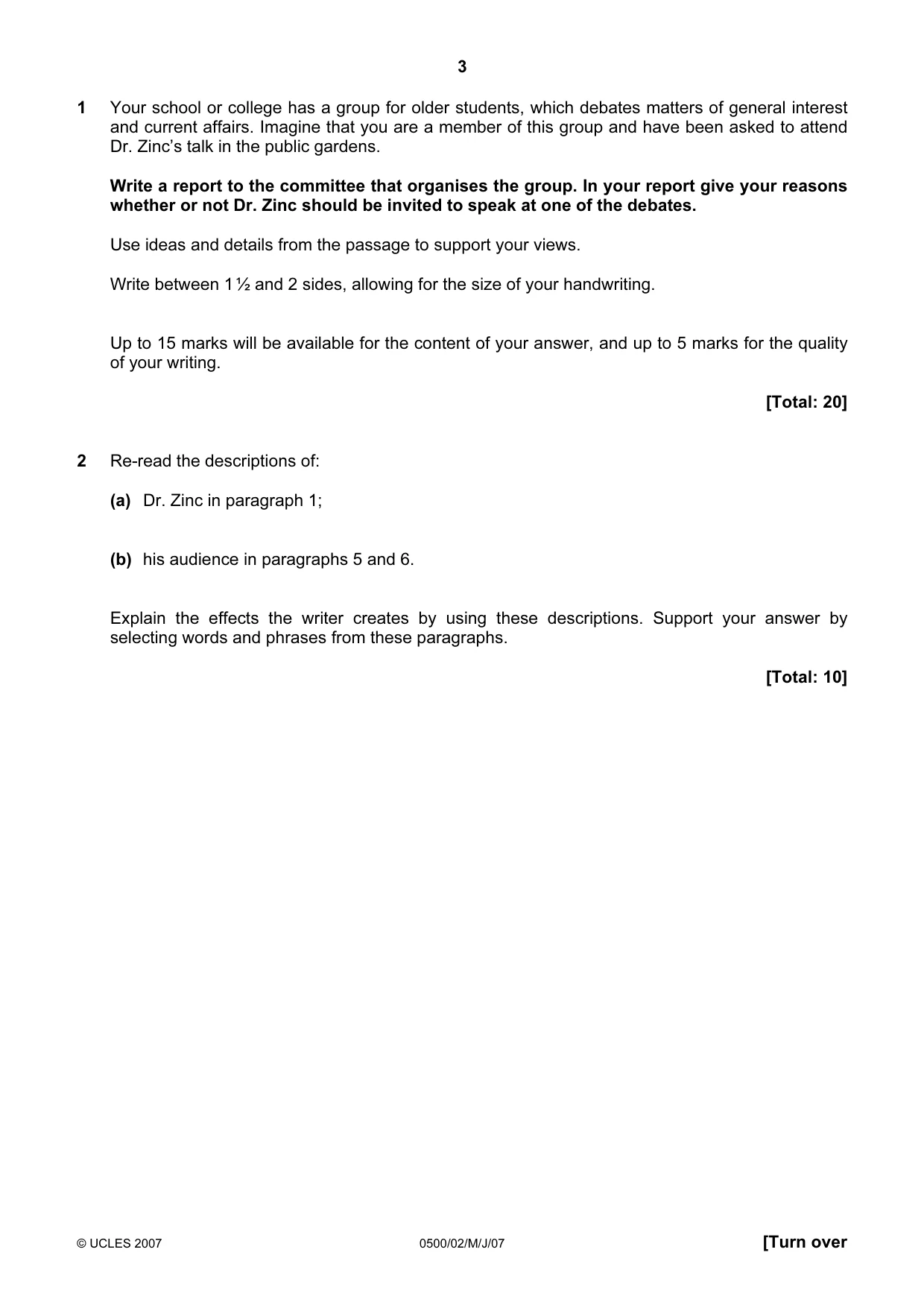 Cambridge IGCSE English - First Language 0500 2007 May/June Paper 2 · Variant 1 question paper, page 3 of 8