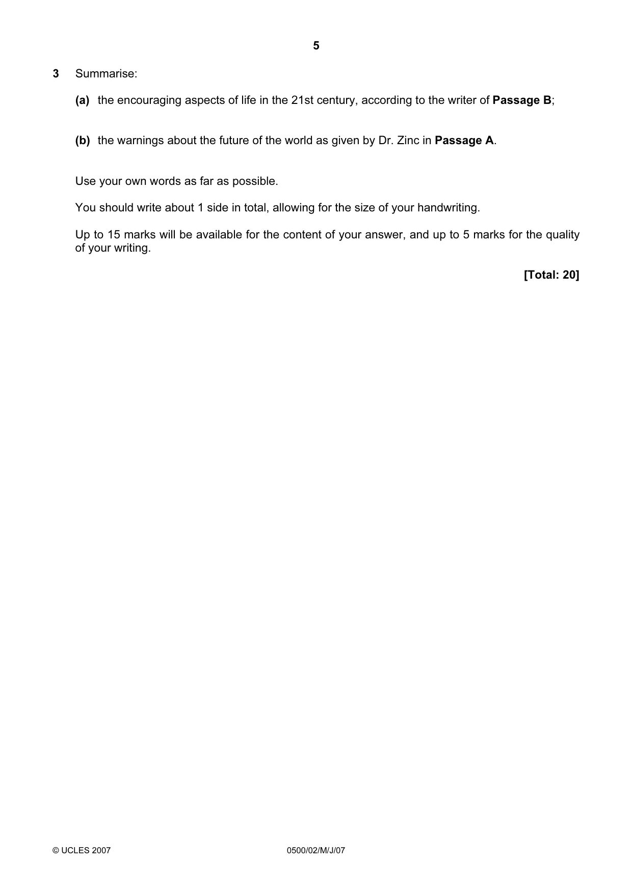 Cambridge IGCSE English - First Language 0500 2007 May/June Paper 2 · Variant 1 question paper, page 5 of 8