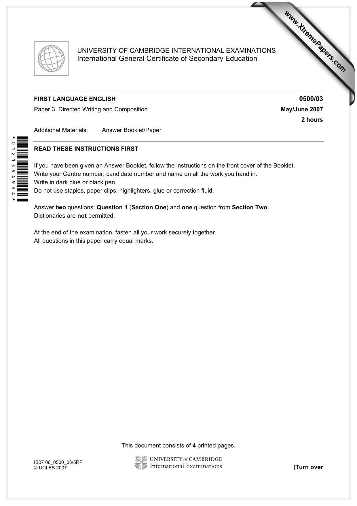 Cambridge IGCSE English - First Language 0500 2007 May/June Paper 3 · Variant 1 question paper, page 1 of 4