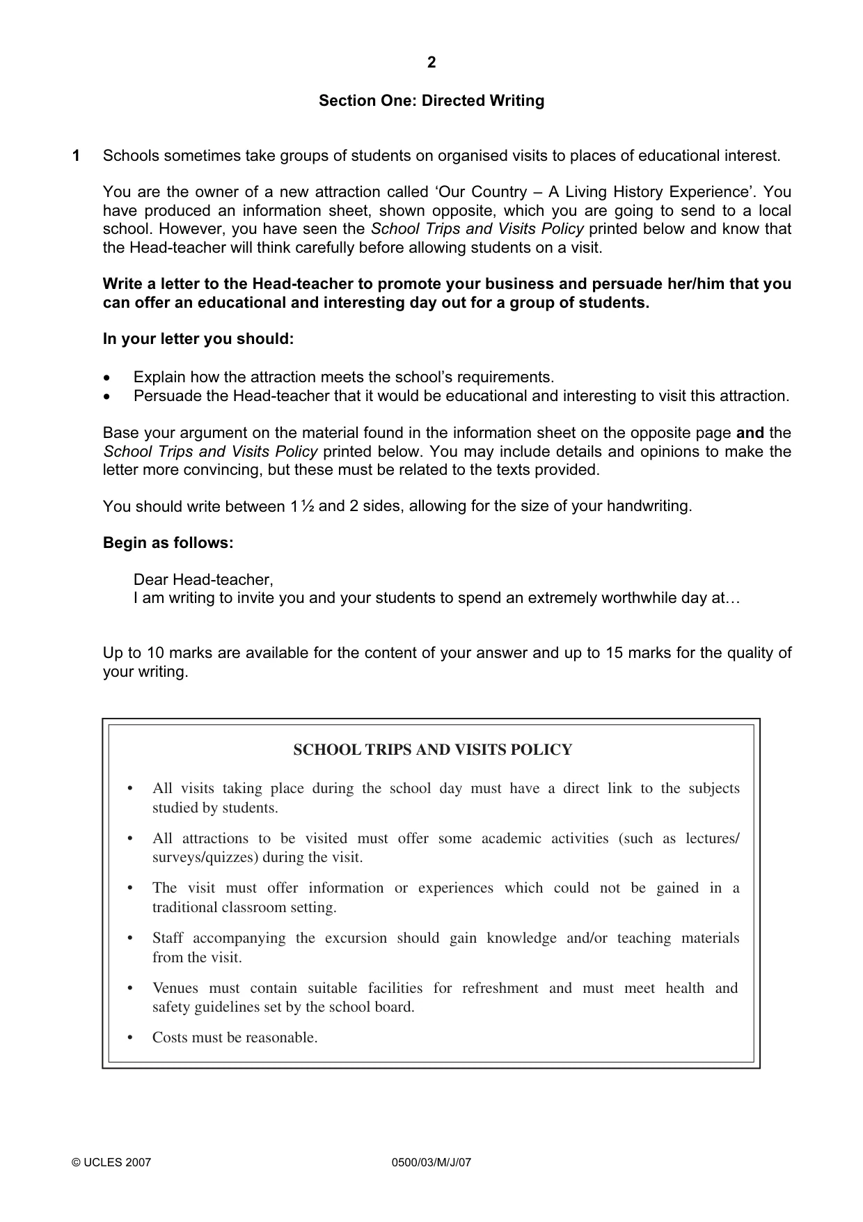 Cambridge IGCSE English - First Language 0500 2007 May/June Paper 3 · Variant 1 question paper, page 2 of 4