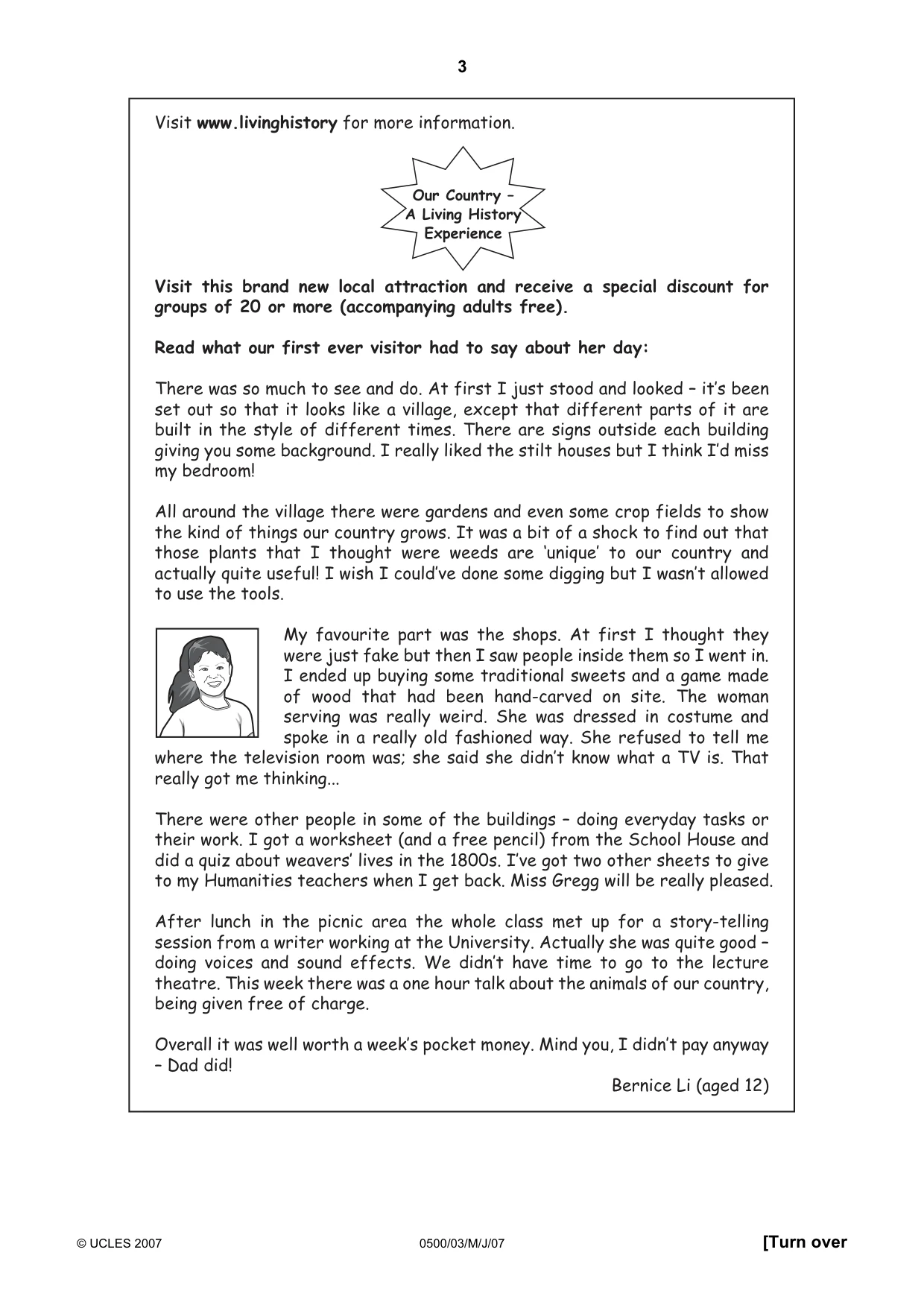 Cambridge IGCSE English - First Language 0500 2007 May/June Paper 3 · Variant 1 question paper, page 3 of 4