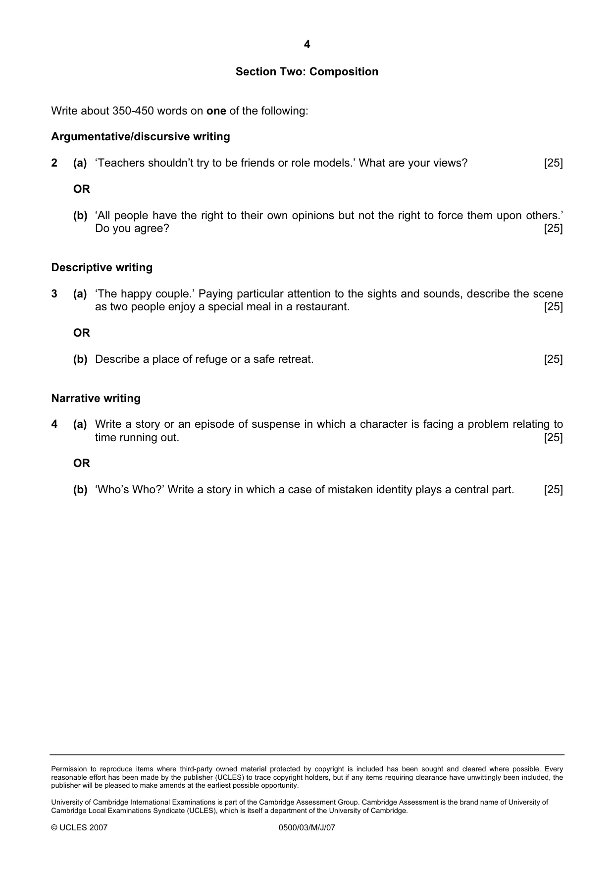Cambridge IGCSE English - First Language 0500 2007 May/June Paper 3 · Variant 1 question paper, page 4 of 4