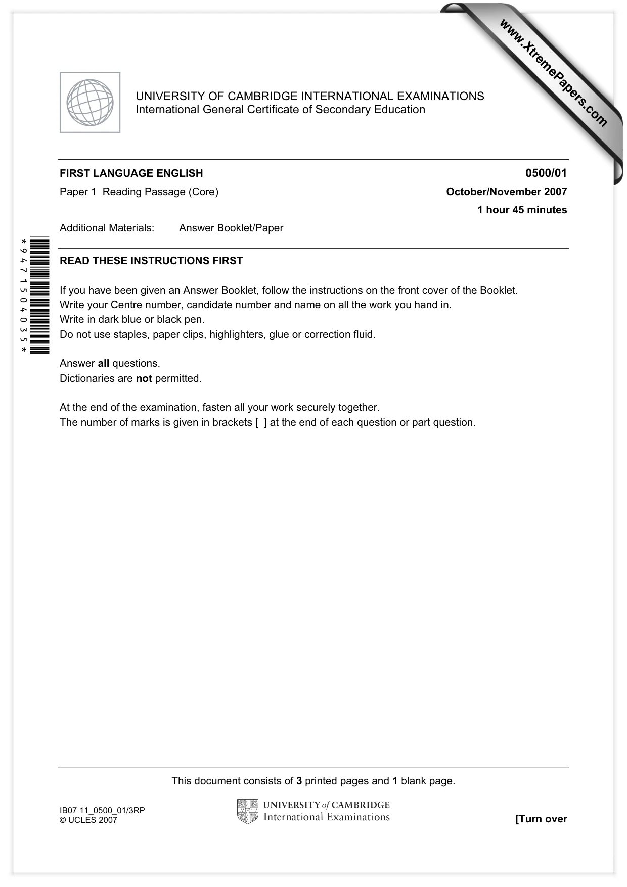 Cambridge IGCSE English - First Language 0500 2007 Oct/Nov Paper 1 · Variant 1 question paper, page 1 of 4