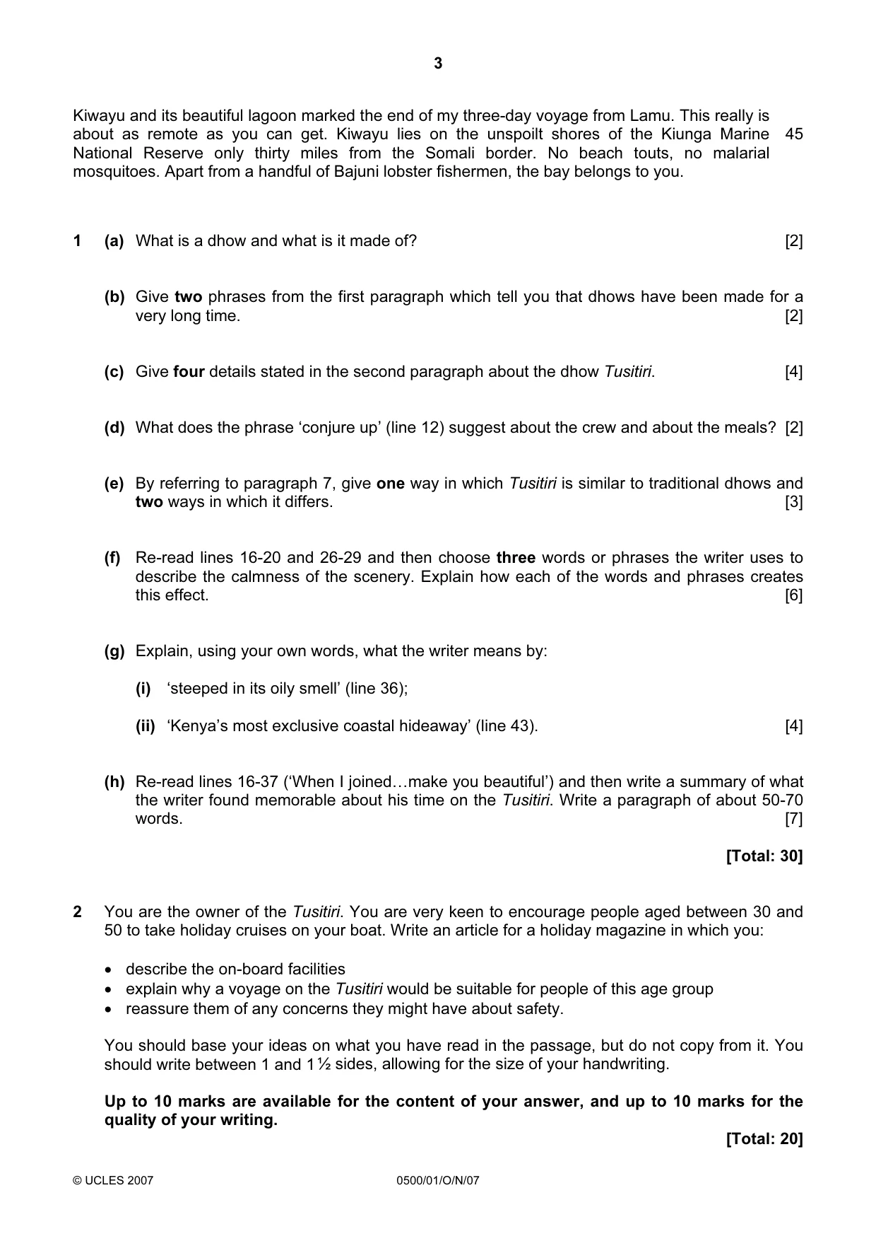 Cambridge IGCSE English - First Language 0500 2007 Oct/Nov Paper 1 · Variant 1 question paper, page 3 of 4