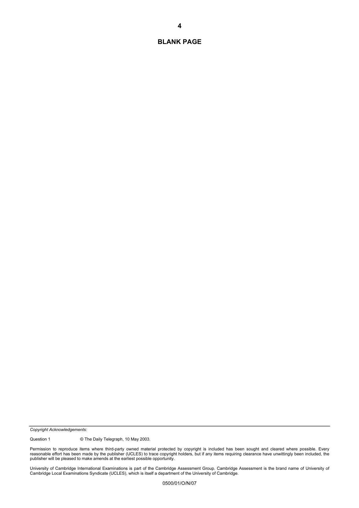 Cambridge IGCSE English - First Language 0500 2007 Oct/Nov Paper 1 · Variant 1 question paper, page 4 of 4