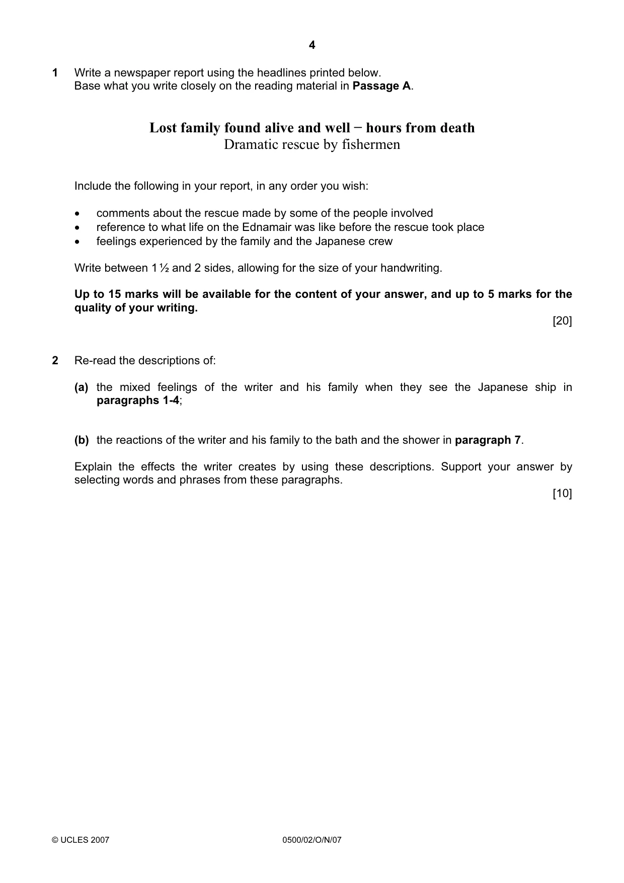 Cambridge IGCSE English - First Language 0500 2007 Oct/Nov Paper 2 · Variant 1 question paper, page 4 of 8