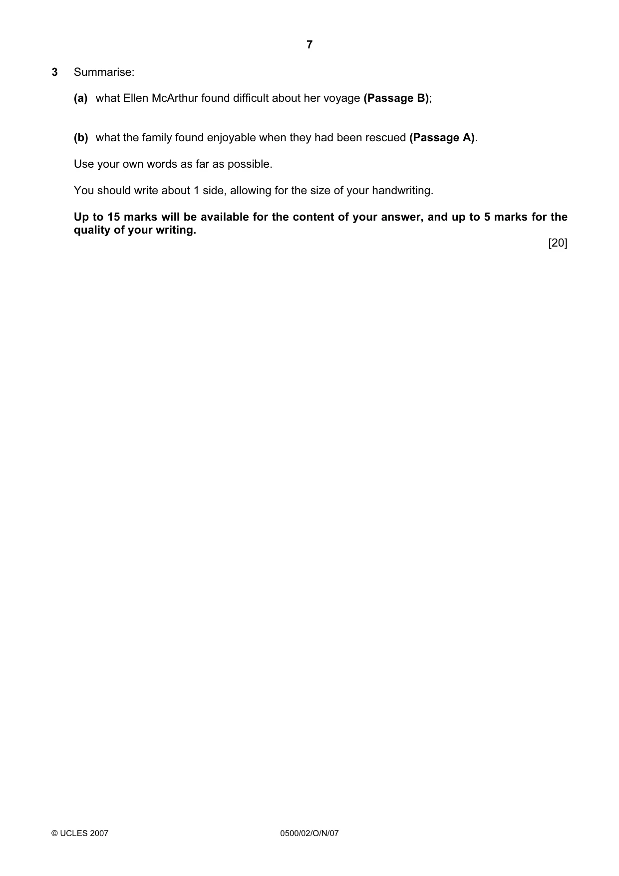 Cambridge IGCSE English - First Language 0500 2007 Oct/Nov Paper 2 · Variant 1 question paper, page 7 of 8