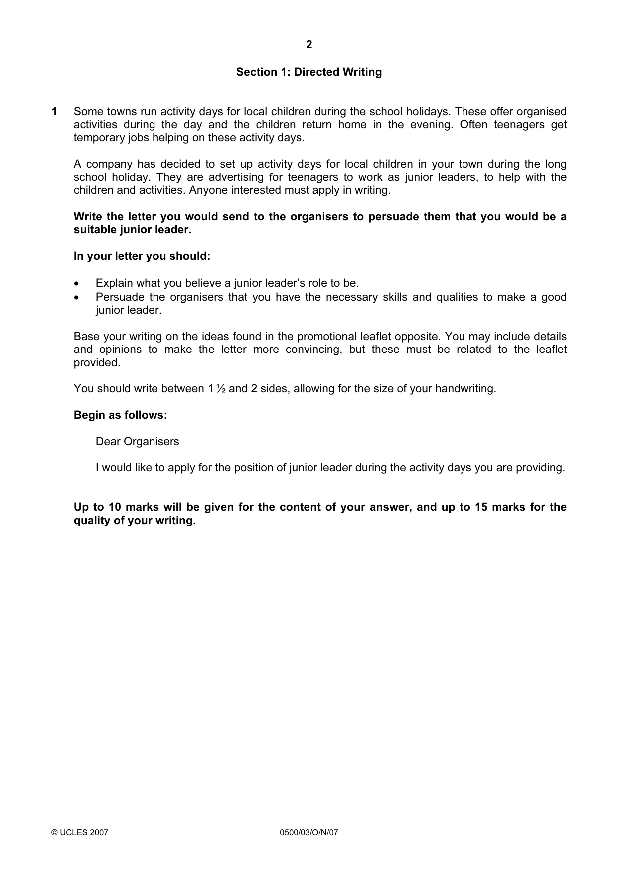 Cambridge IGCSE English - First Language 0500 2007 Oct/Nov Paper 3 · Variant 1 question paper, page 2 of 4