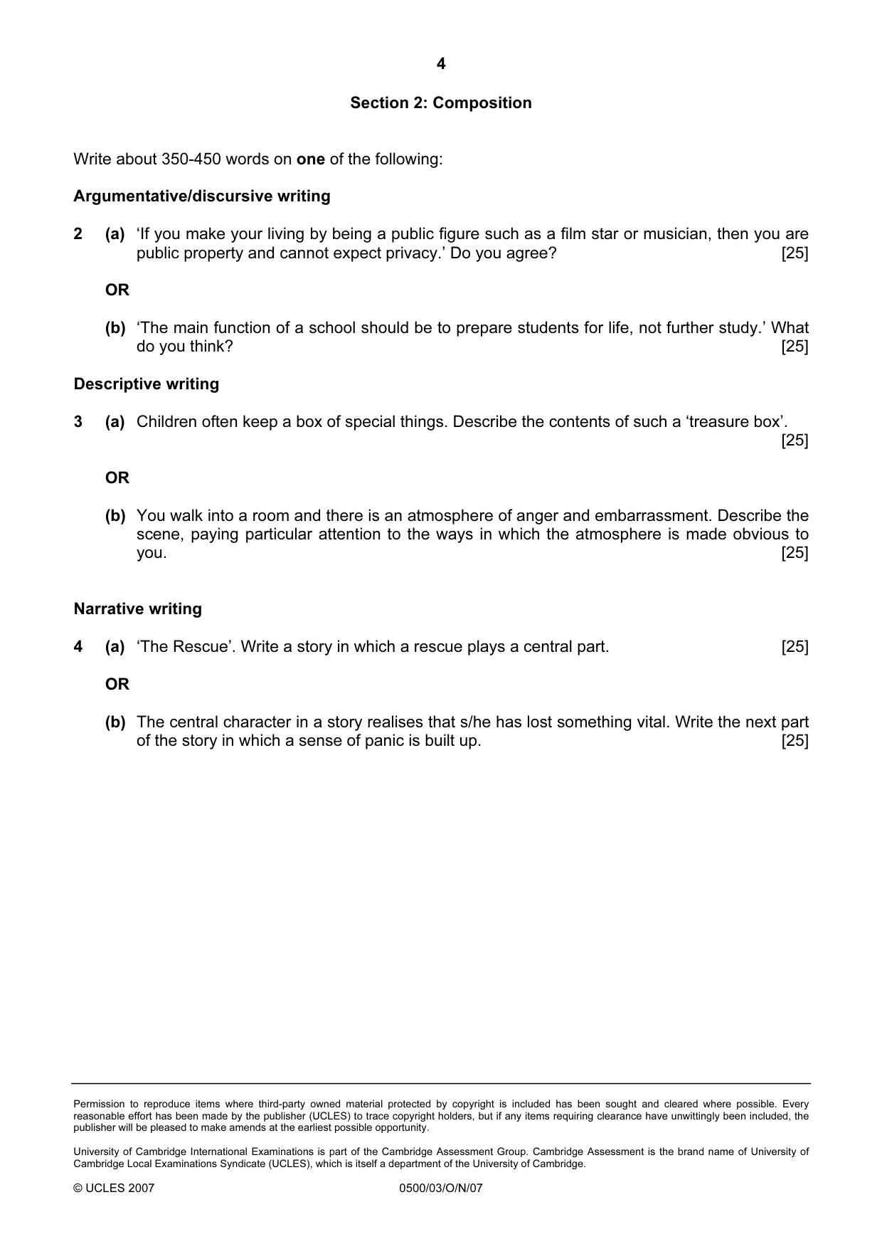 Cambridge IGCSE English - First Language 0500 2007 Oct/Nov Paper 3 · Variant 1 question paper, page 4 of 4
