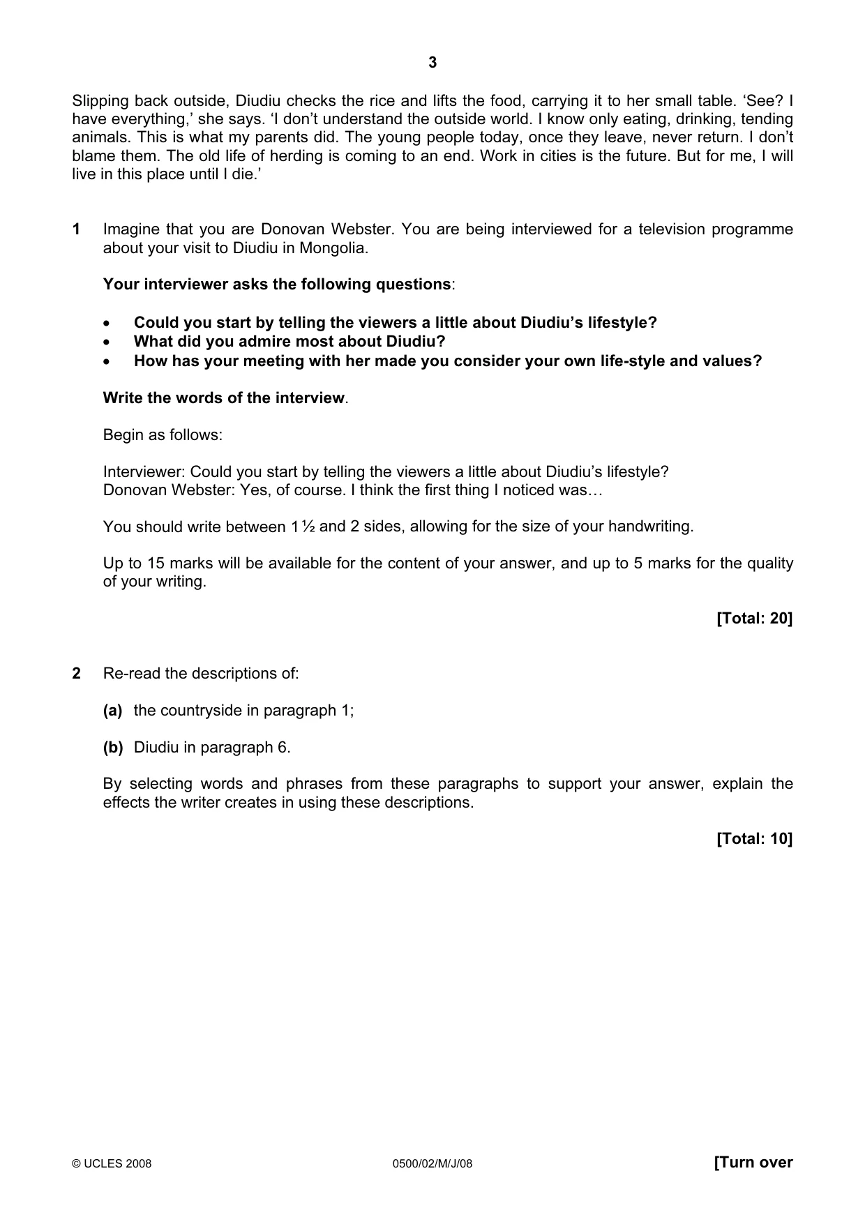 Cambridge IGCSE English - First Language 0500 2008 May/June Paper 2 · Variant 1 question paper, page 3 of 8