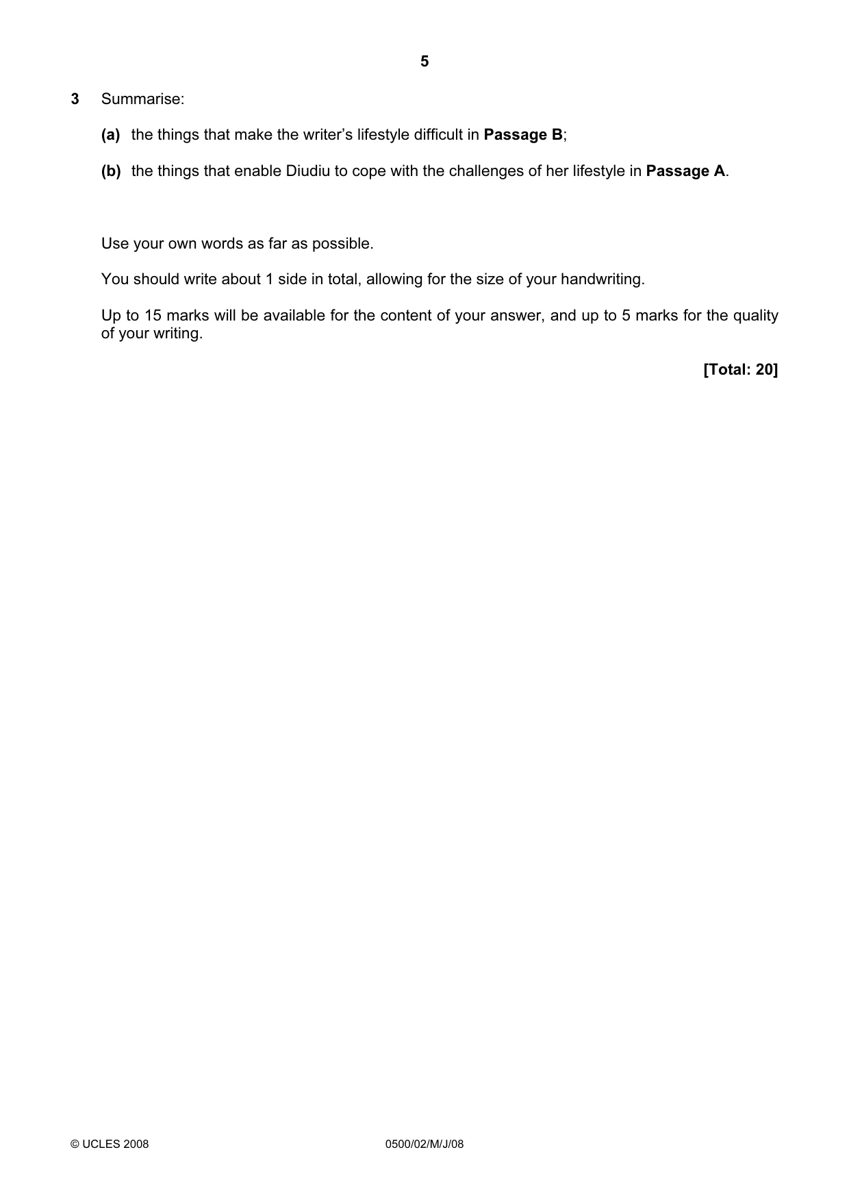 Cambridge IGCSE English - First Language 0500 2008 May/June Paper 2 · Variant 1 question paper, page 5 of 8
