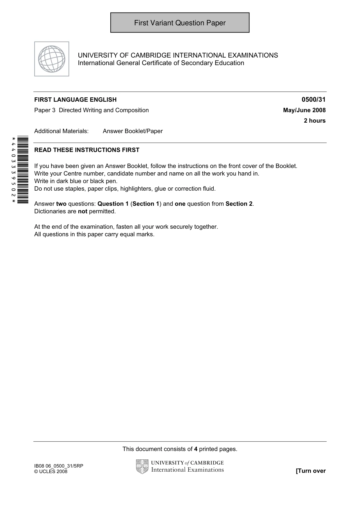 Cambridge IGCSE English - First Language 0500 2008 May/June Paper 3 · Variant 1 question paper, page 2 of 9