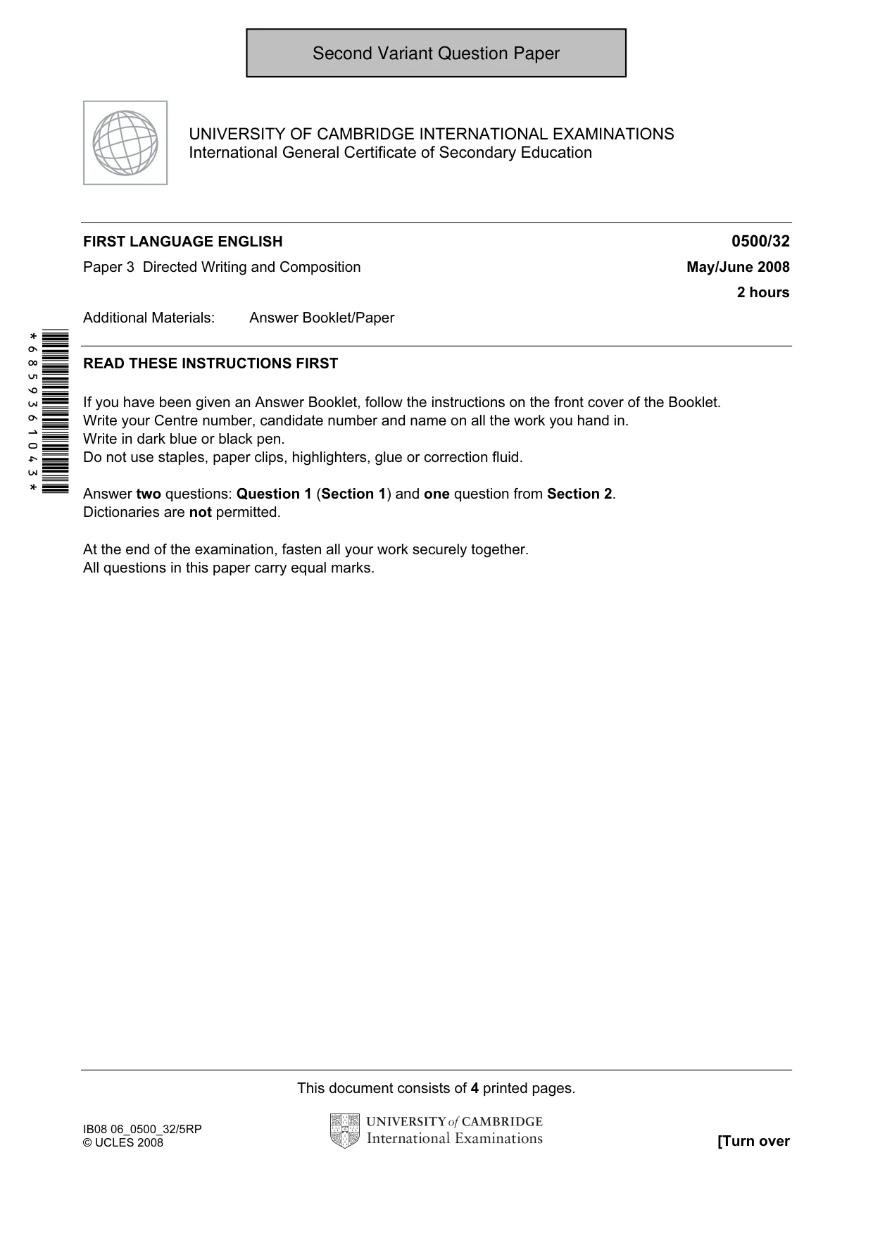Cambridge IGCSE English - First Language 0500 2008 May/June Paper 3 · Variant 1 question paper, page 6 of 9