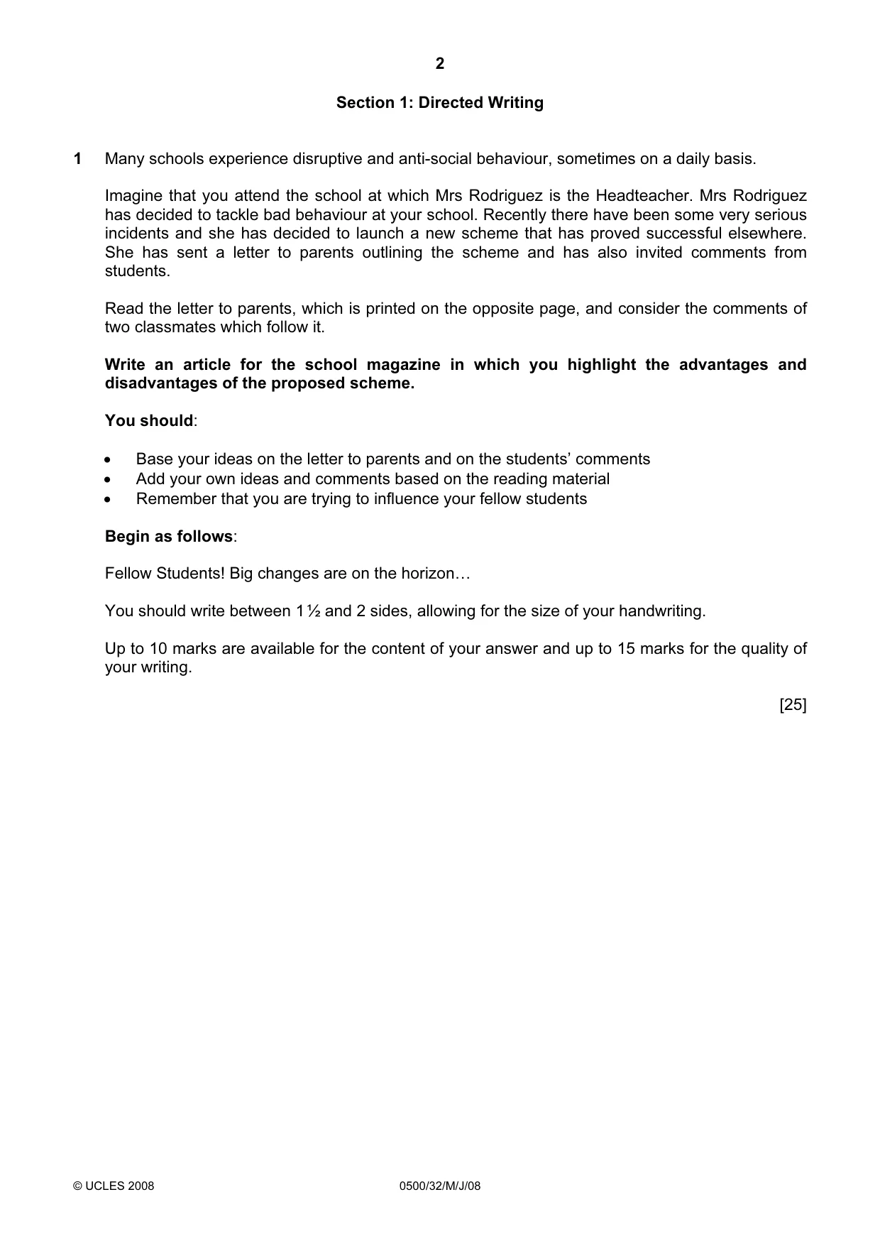 Cambridge IGCSE English - First Language 0500 2008 May/June Paper 3 · Variant 1 question paper, page 7 of 9