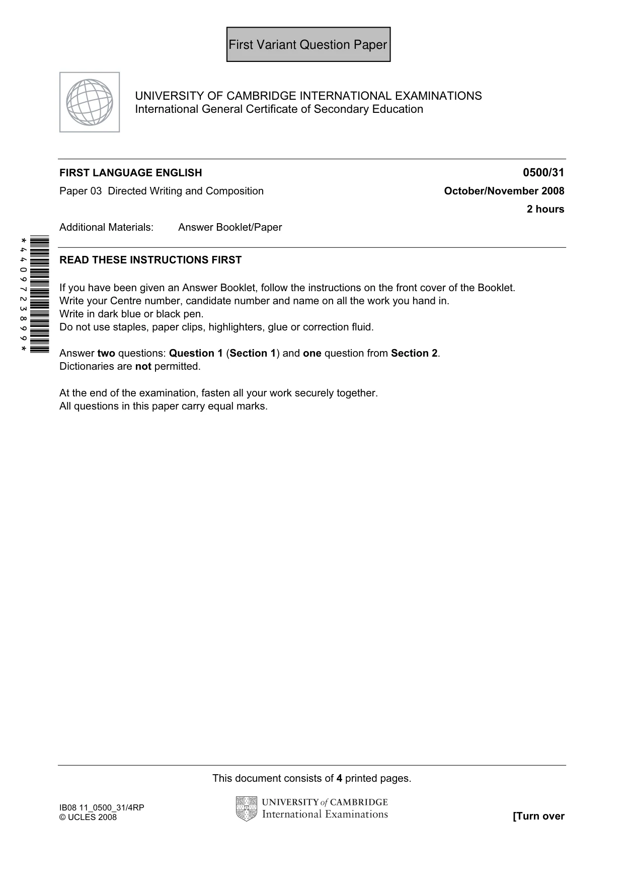 Cambridge IGCSE English - First Language 0500 2008 Oct/Nov Paper 3 · Variant 0 question paper, page 2 of 9