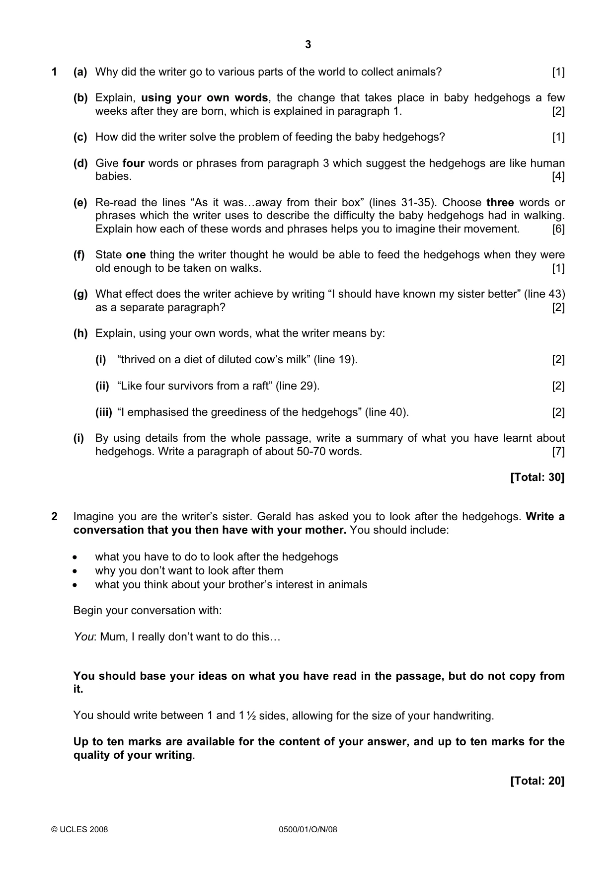 Cambridge IGCSE English - First Language 0500 2008 Oct/Nov Paper 1 · Variant 1 question paper, page 3 of 4