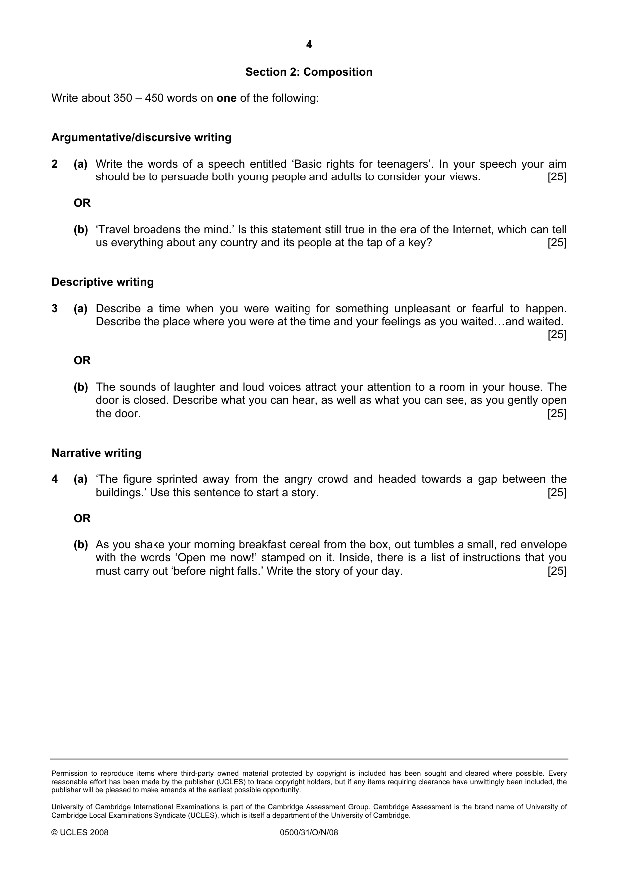 Cambridge IGCSE English - First Language 0500 2008 Oct/Nov Paper 3 · Variant 1 question paper, page 5 of 9