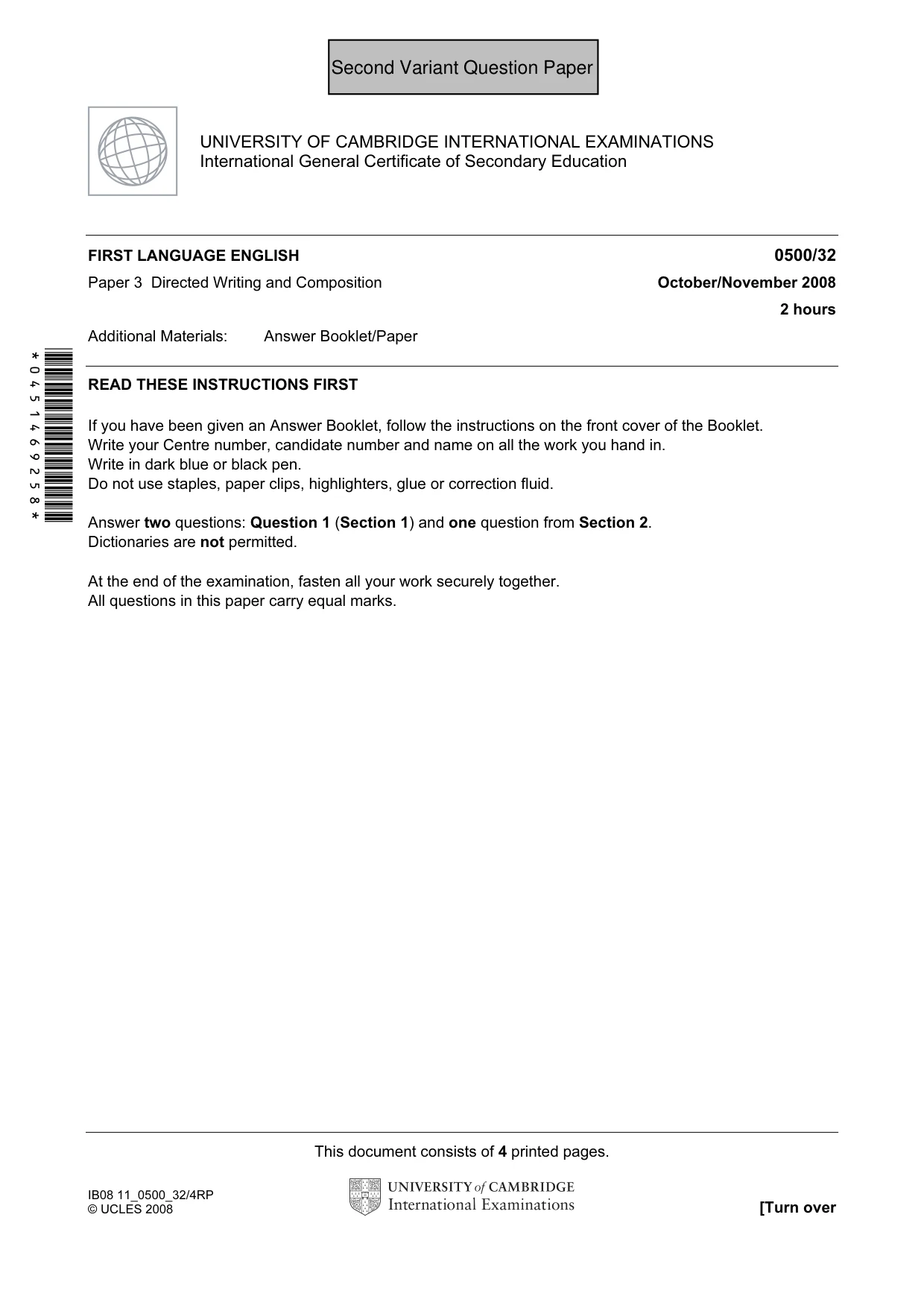 Cambridge IGCSE English - First Language 0500 2008 Oct/Nov Paper 3 · Variant 1 question paper, page 6 of 9